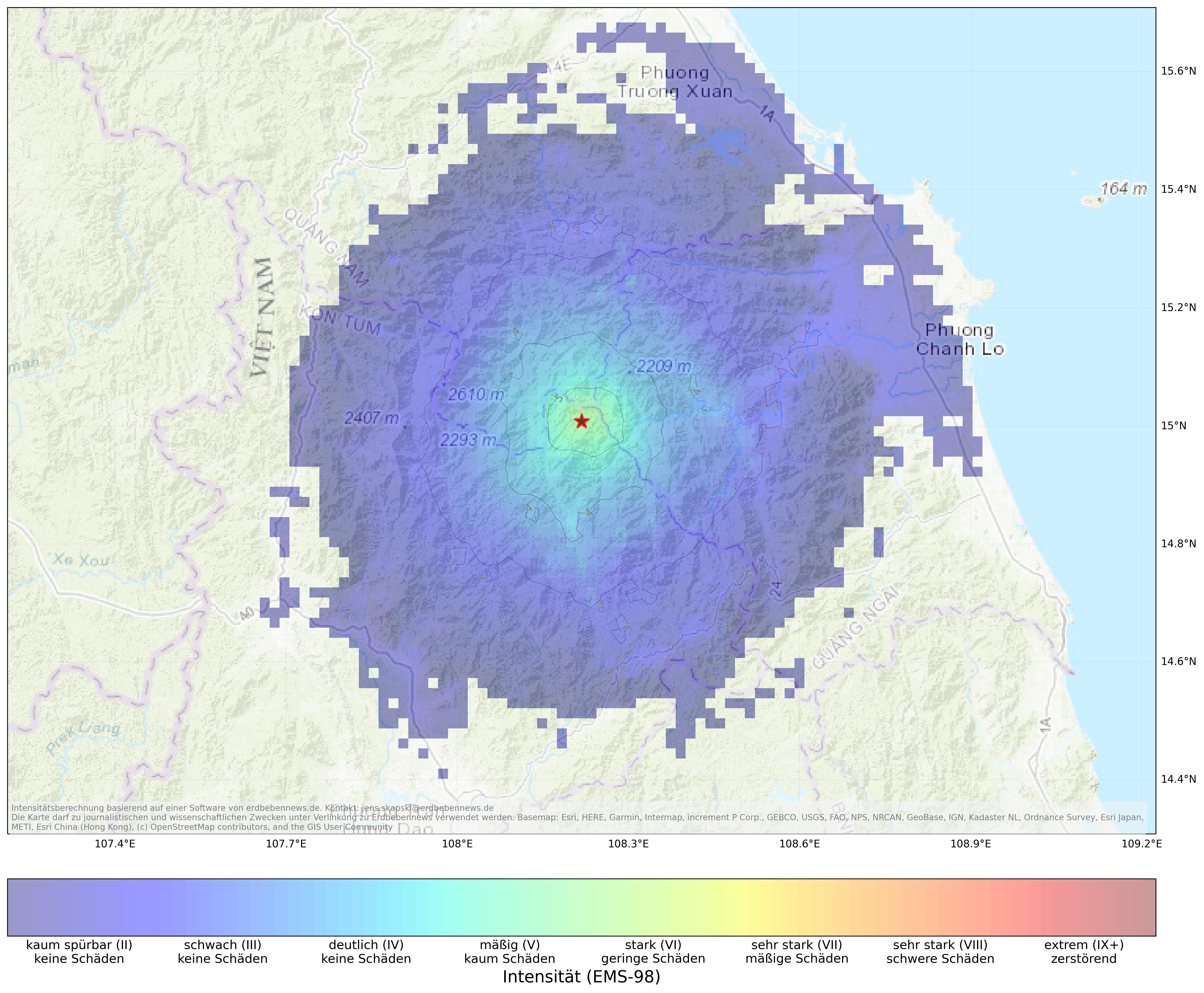 Berechnete Intensität (ShakeMap) des Erdbebens der Stärke 3.9 am 18. März, 16:52 Uhr in Vietnam