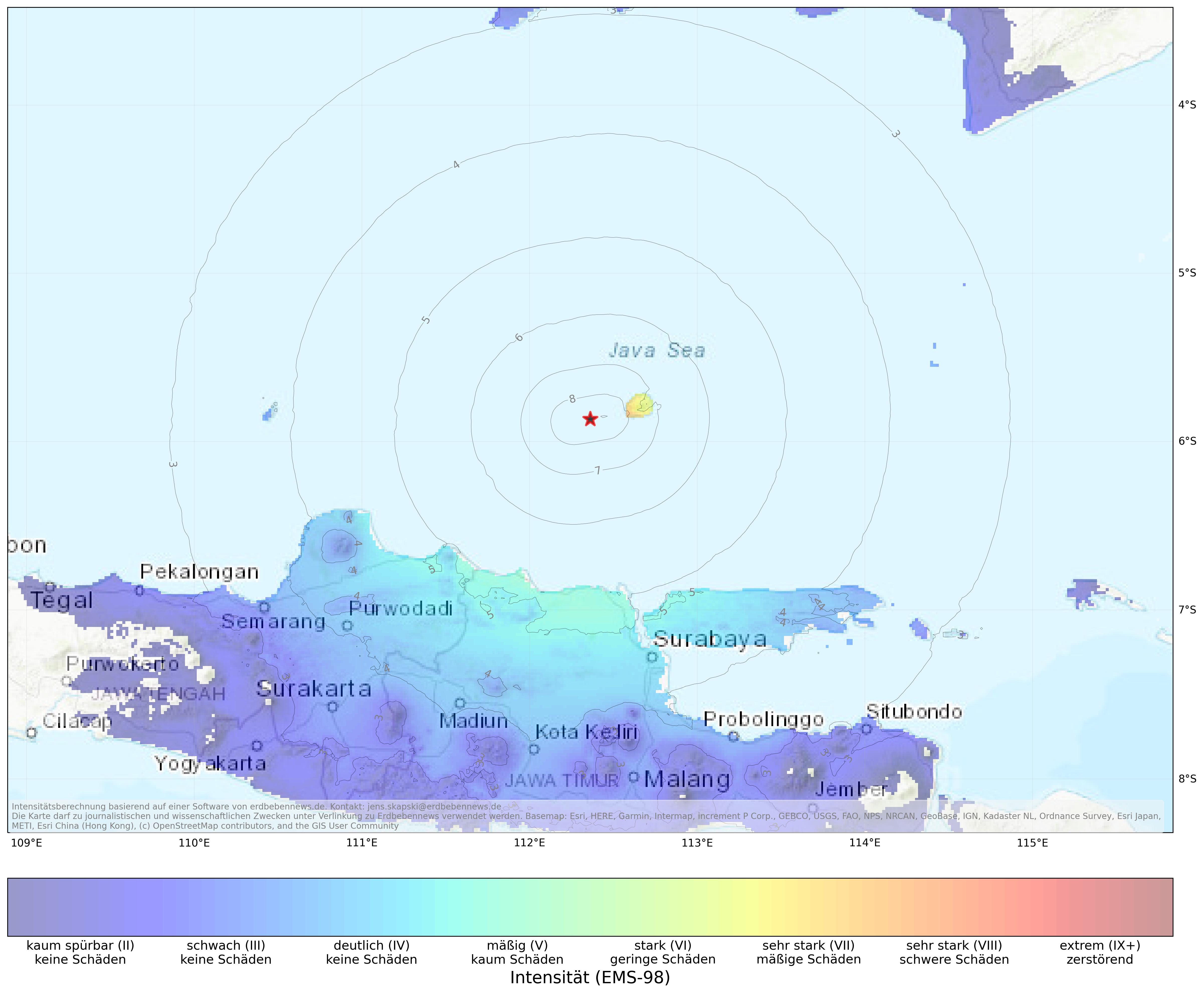 Berechnete Intensität (ShakeMap) des Erdbebens der Stärke 6.4 am 22. März, 9:52 Uhr in Indonesien