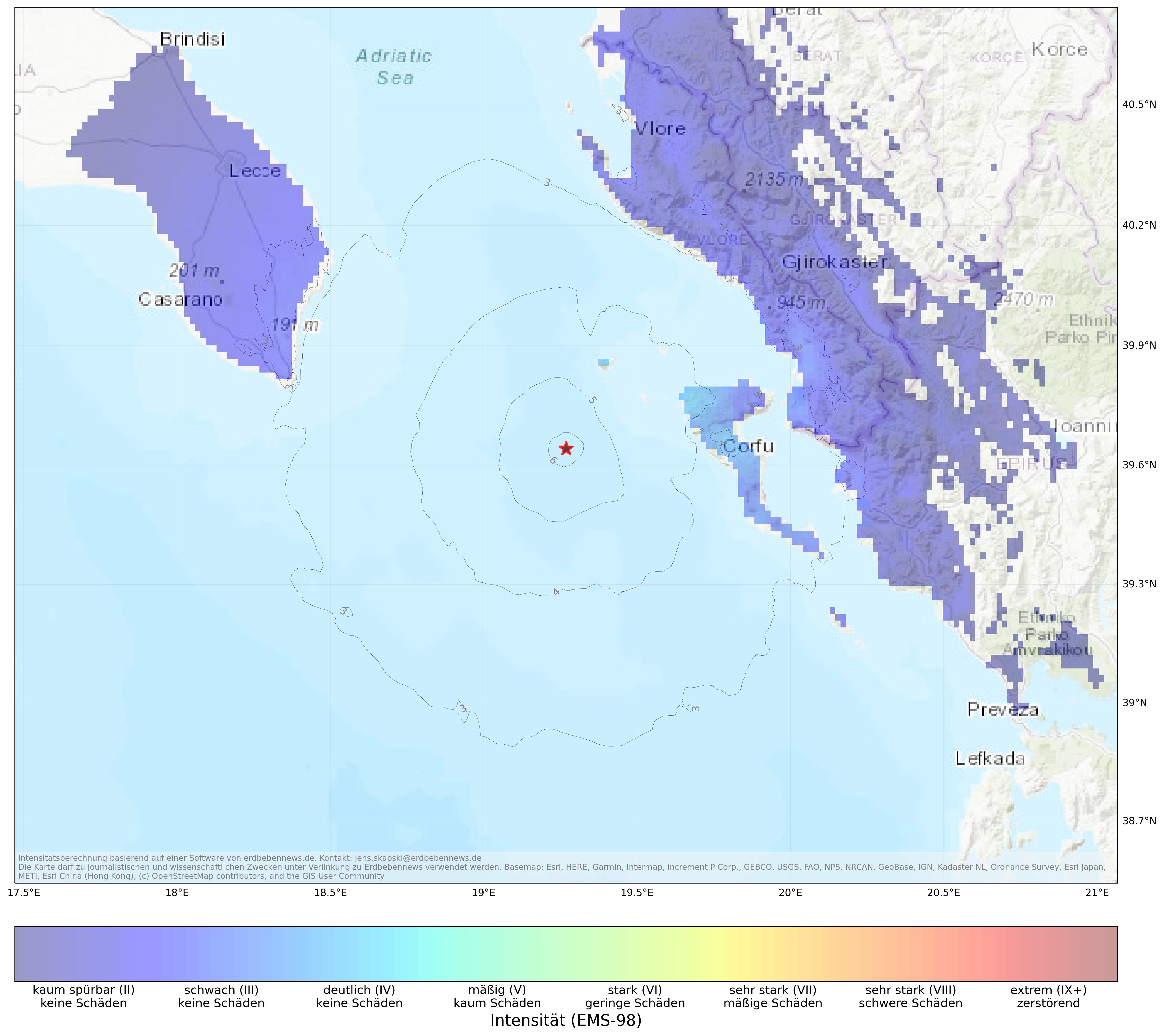 Berechnete Intensität (ShakeMap) des Erdbebens der Stärke 4.7 am 22. März, 6:20 Uhr in Griechenland