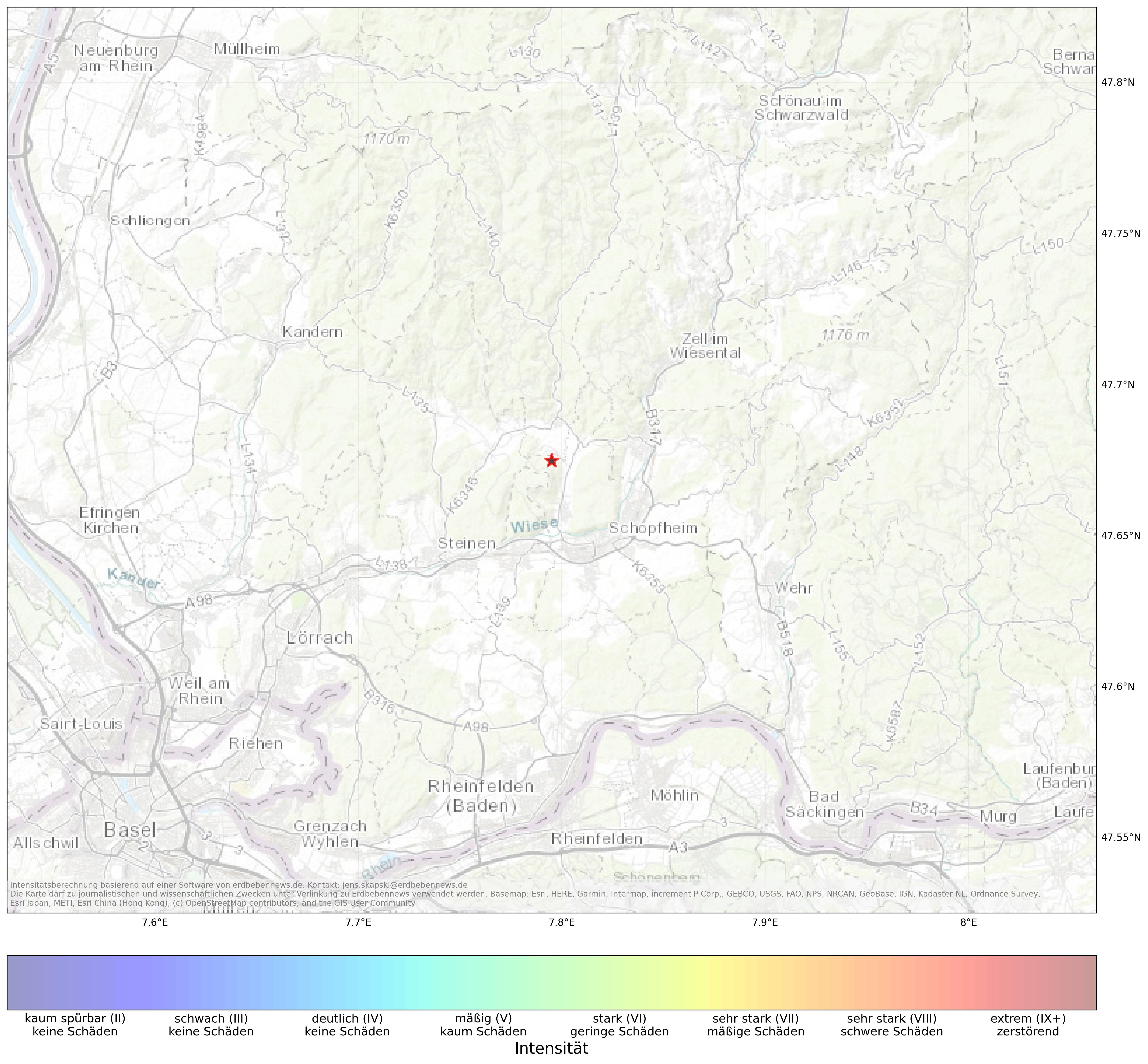 Berechnete Intensität (ShakeMap) des Erdbebens der Stärke 1.8 am 23. March, 01:17 in Schweiz