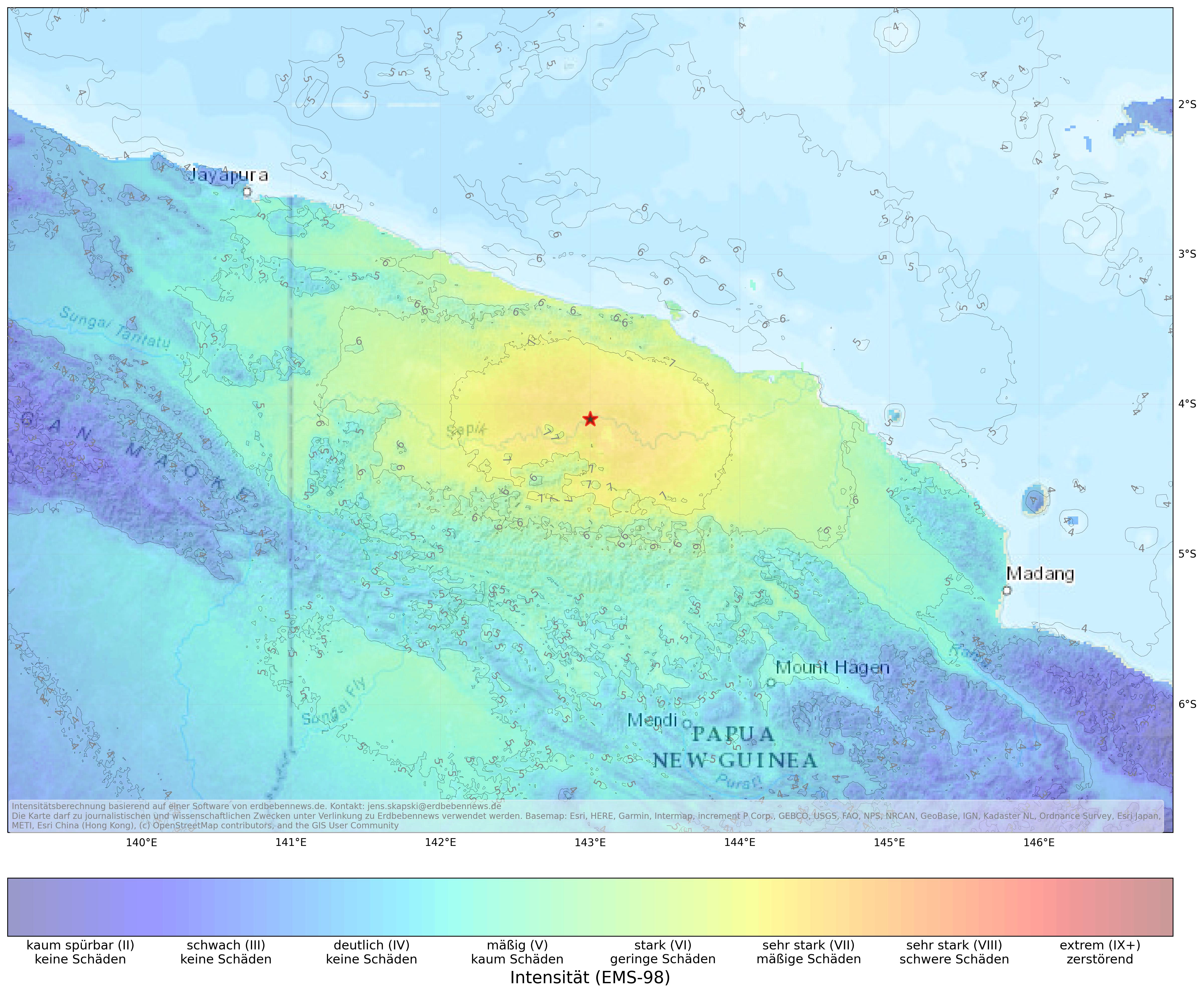 Berechnete Intensität (ShakeMap) des Erdbebens der Stärke 7.0 am 23. März, 21:22 Uhr in Papua Neuguinea