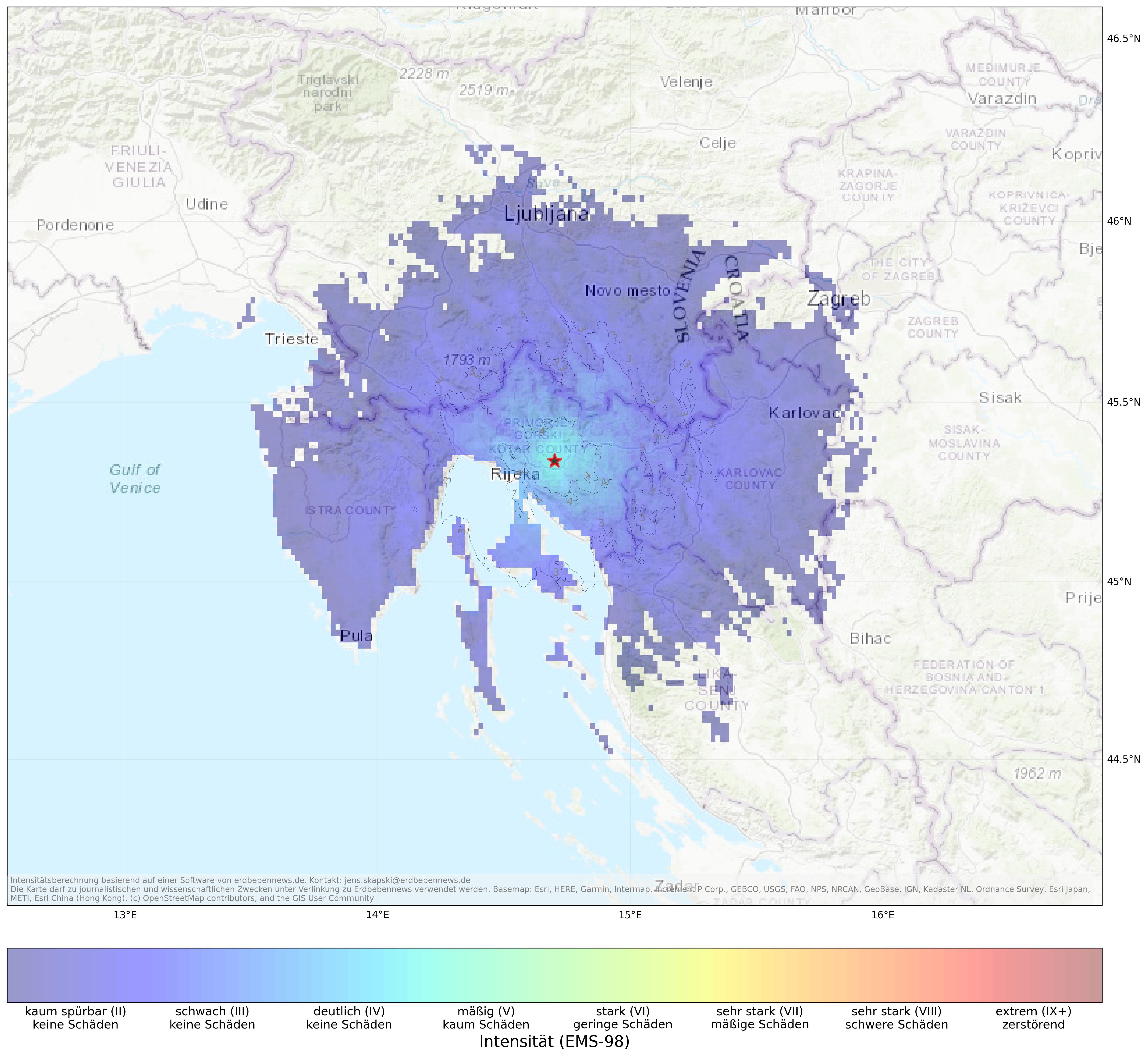 Berechnete Intensität (ShakeMap) des Erdbebens der Stärke 4.0 am 24. März, 10:22 Uhr in Kroatien