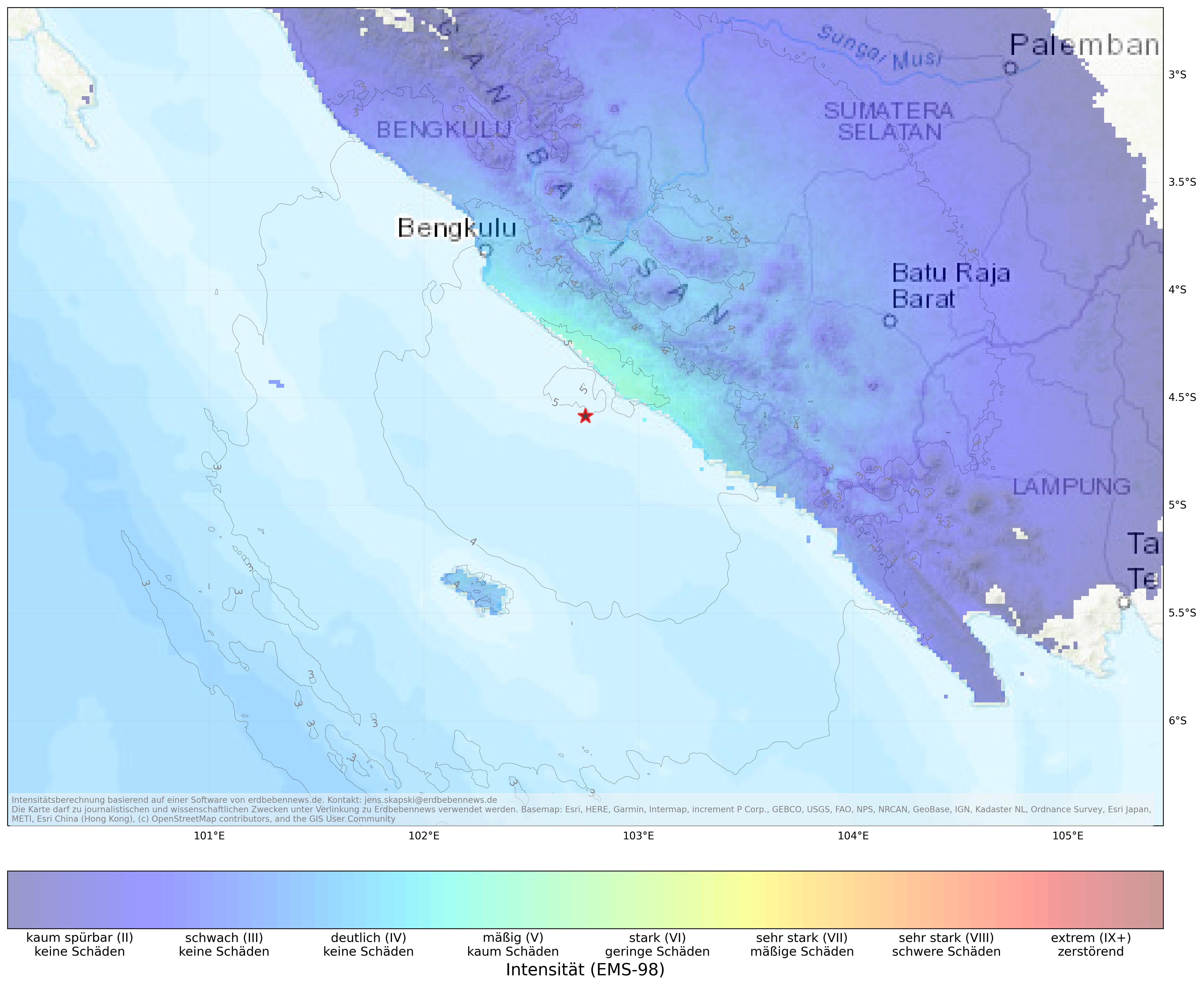 Berechnete Intensität (ShakeMap) des Erdbebens der Stärke 5.3 am 23. März, 14:20 Uhr in Indonesien
