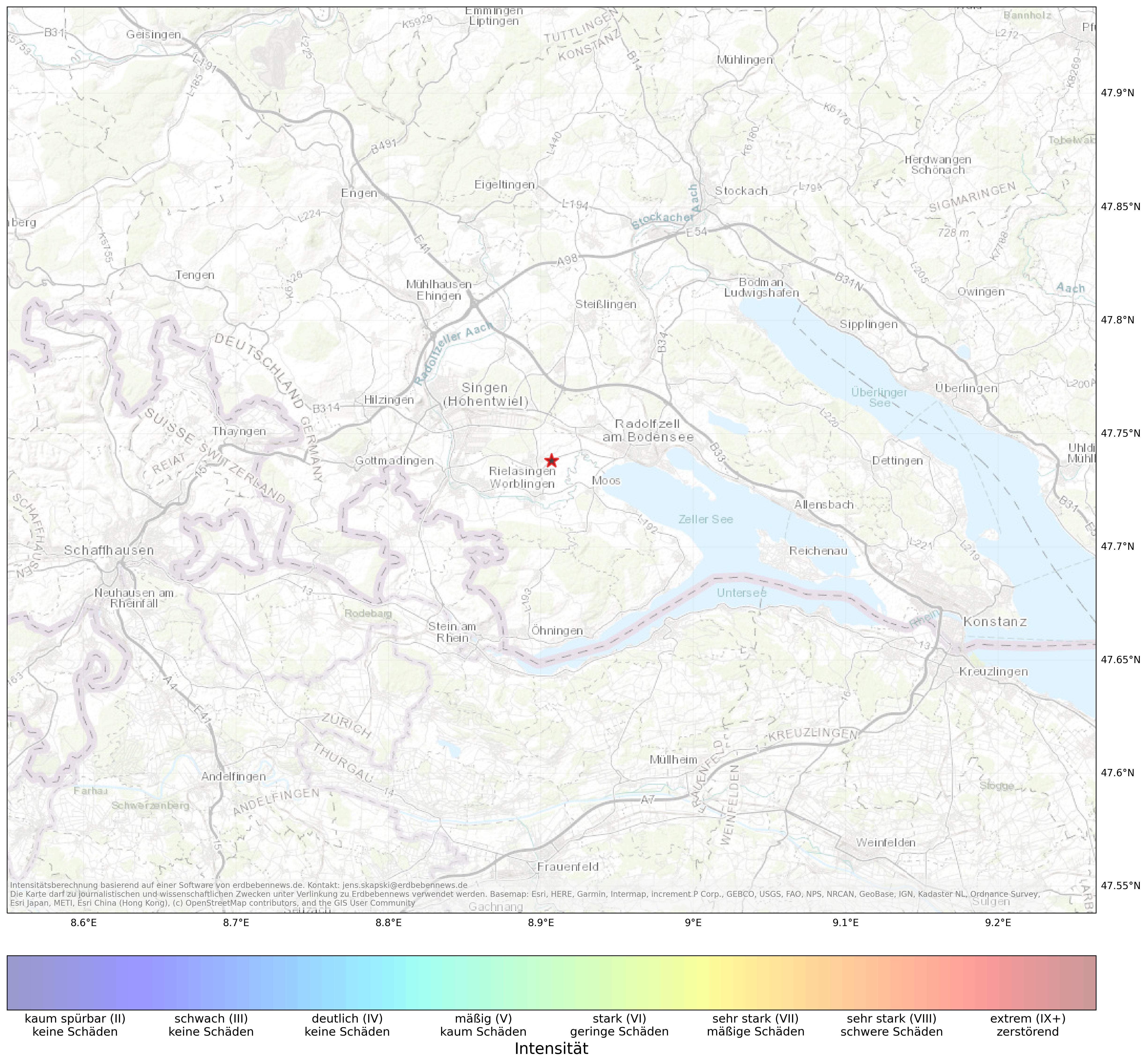 Berechnete Intensität (ShakeMap) des Erdbebens der Stärke 1.9 am 25. March, 20:53 in Deutschland
