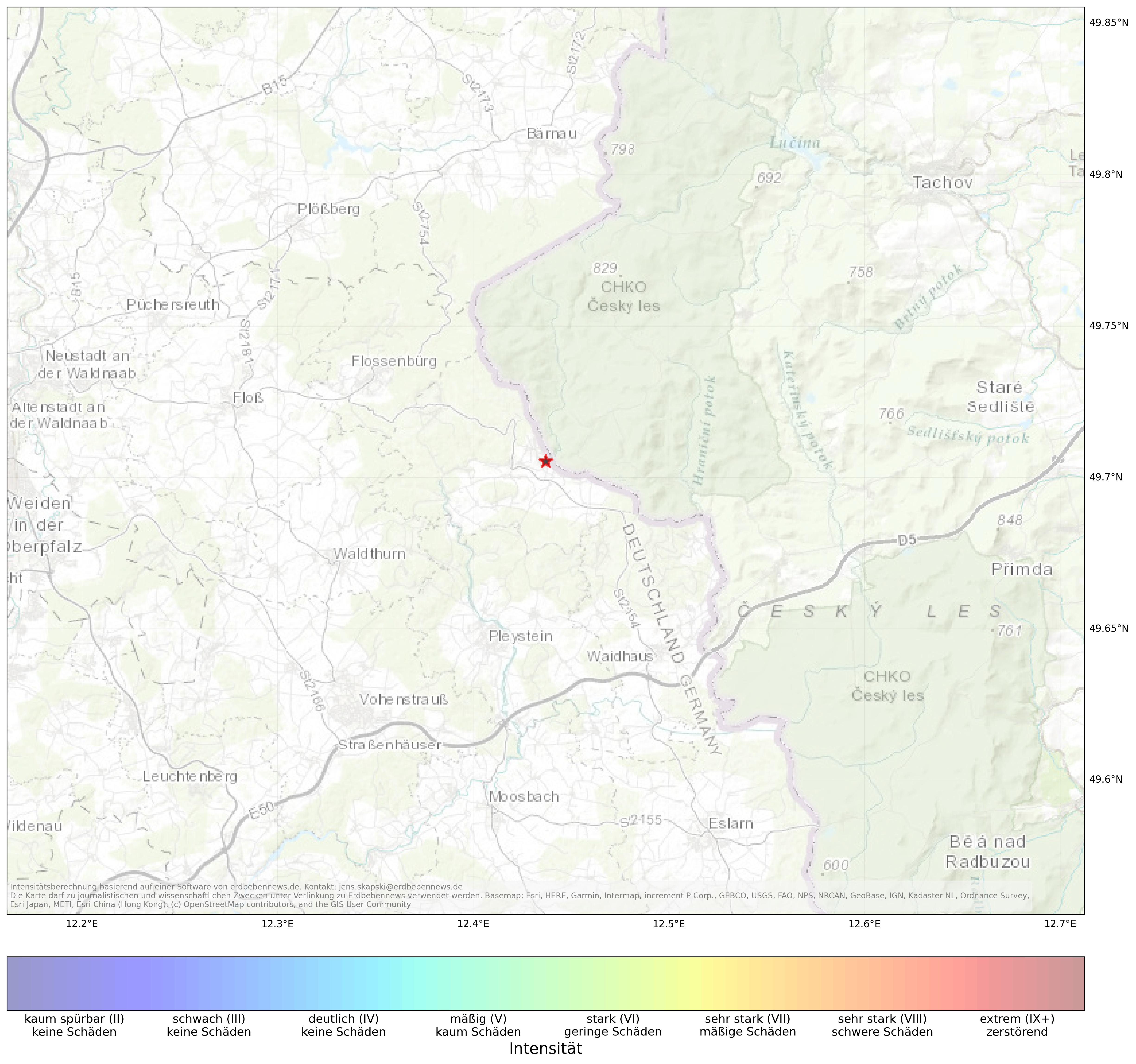 Berechnete Intensität (ShakeMap) des Erdbebens der Stärke 1.3 am 26. March, 03:02 in Tschechien