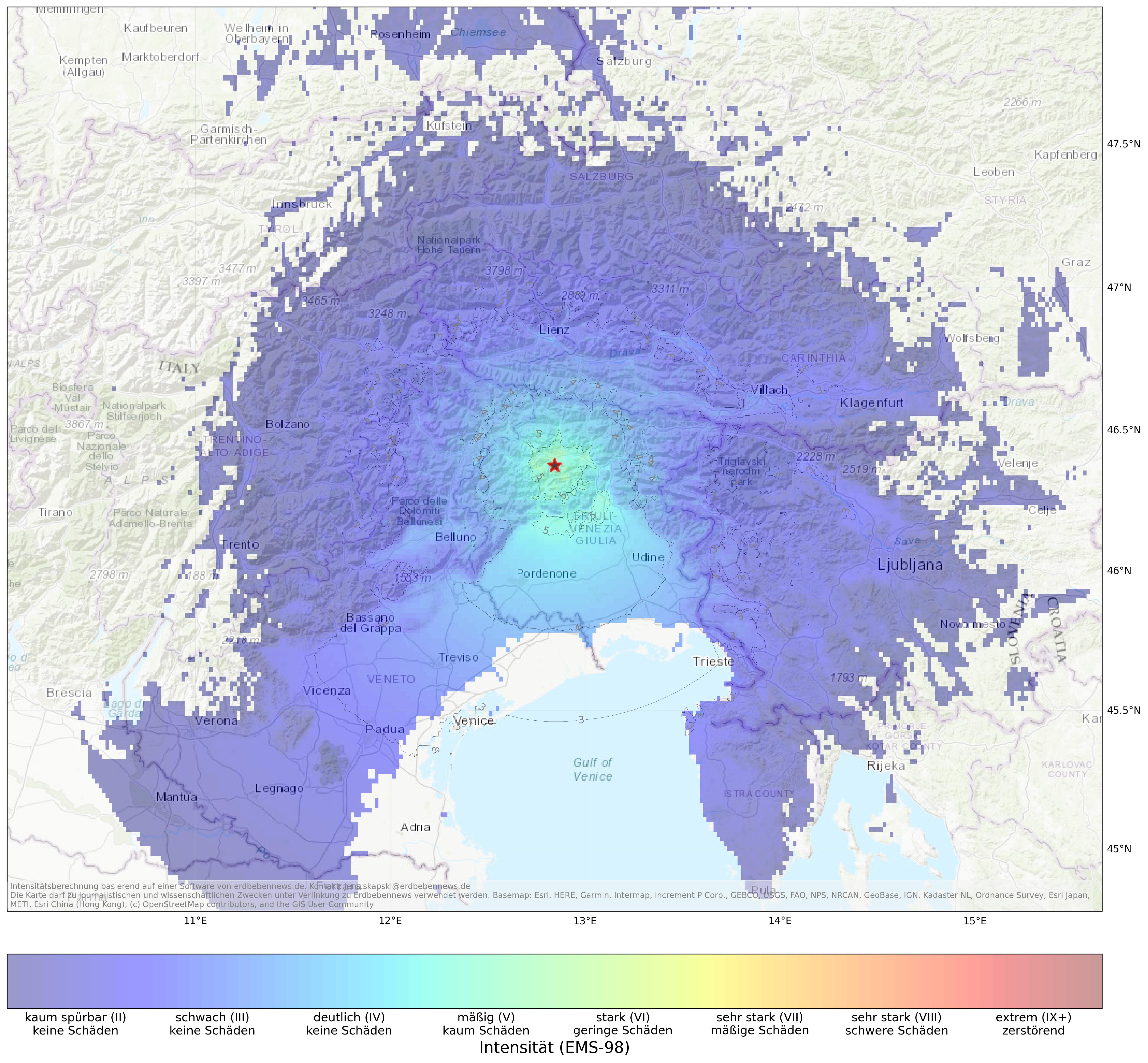 Berechnete Intensität (ShakeMap) des Erdbebens der Stärke 4.7 am 27. März, 22:19 Uhr in Italien
