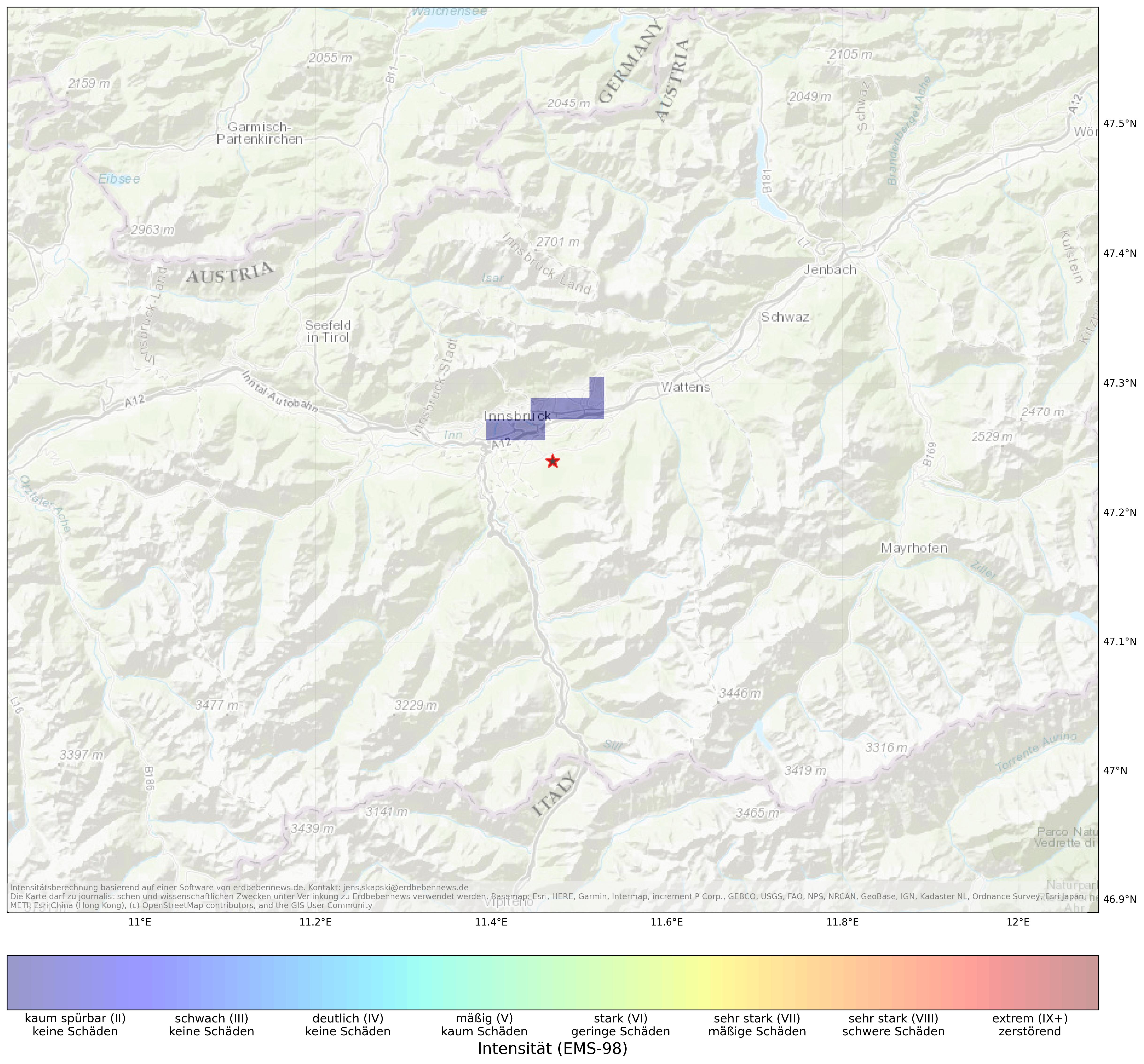 Berechnete Intensität (ShakeMap) des Erdbebens der Stärke 2.2 am 27. März, 16:20 Uhr in Österreich