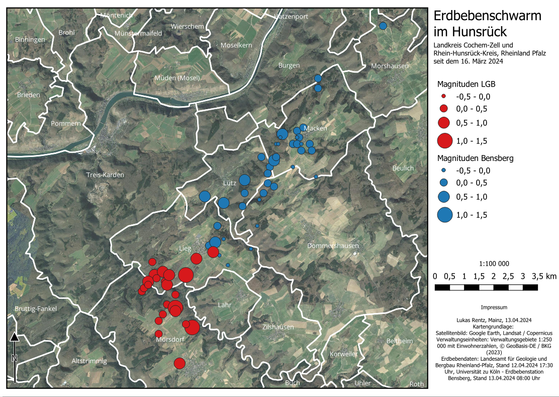 Lage der Epizentren lokalisierter Erdbeben bis Freitag, 12. April: Daten der Erdbebenstation Bensberg (blau) und des Landesamtes für Geologie und Bergbau Rheinland-Pfalz (LGB, rot) im Vergleich. Erdbebennews lokalisiert das Erdbeben der Stärke 1.7 am 13. April in Mörsdorf.