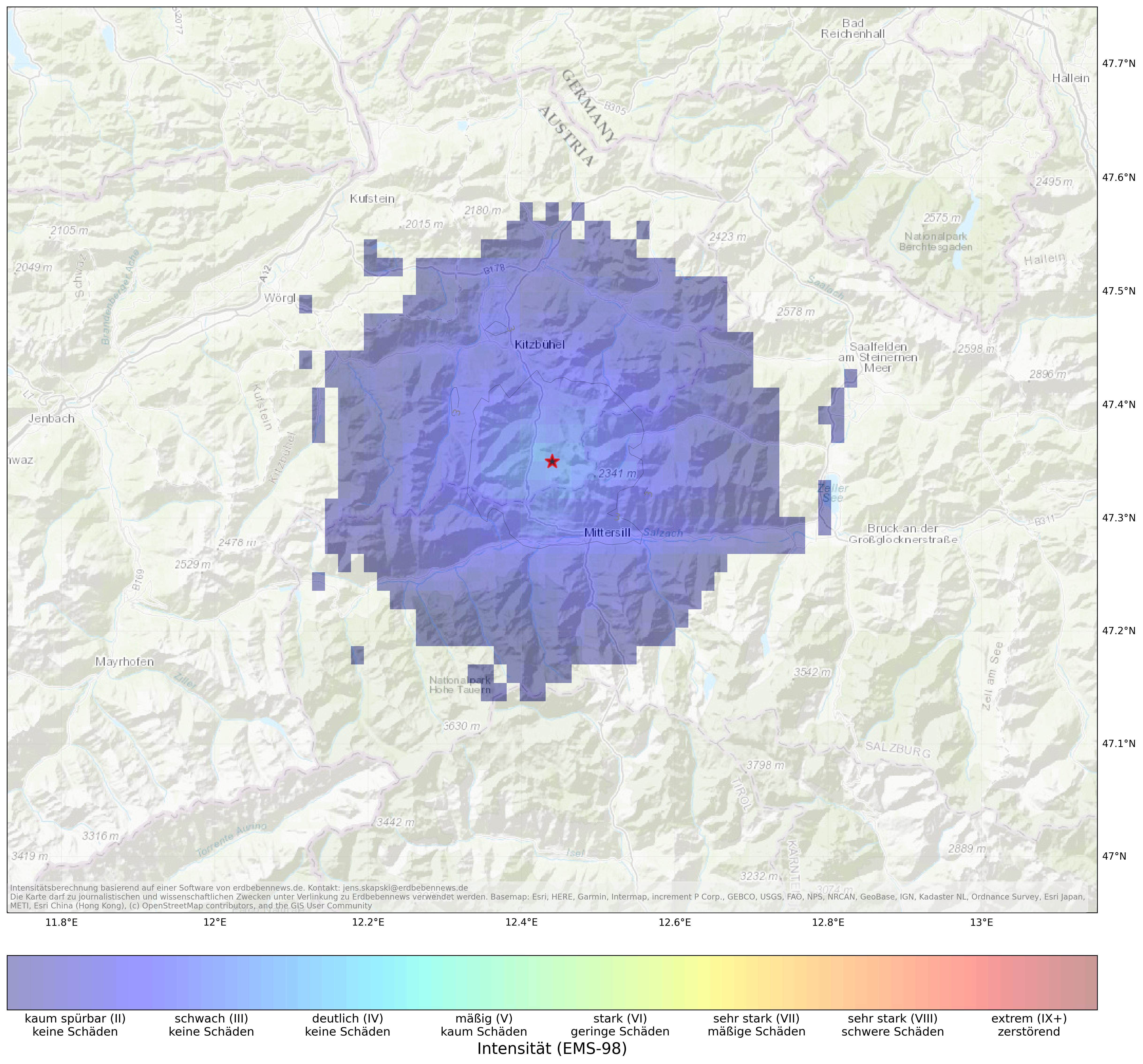 Berechnete Intensität (ShakeMap) des Erdbebens der Stärke 3.3 am 4. April, 13:28 Uhr in Österreich