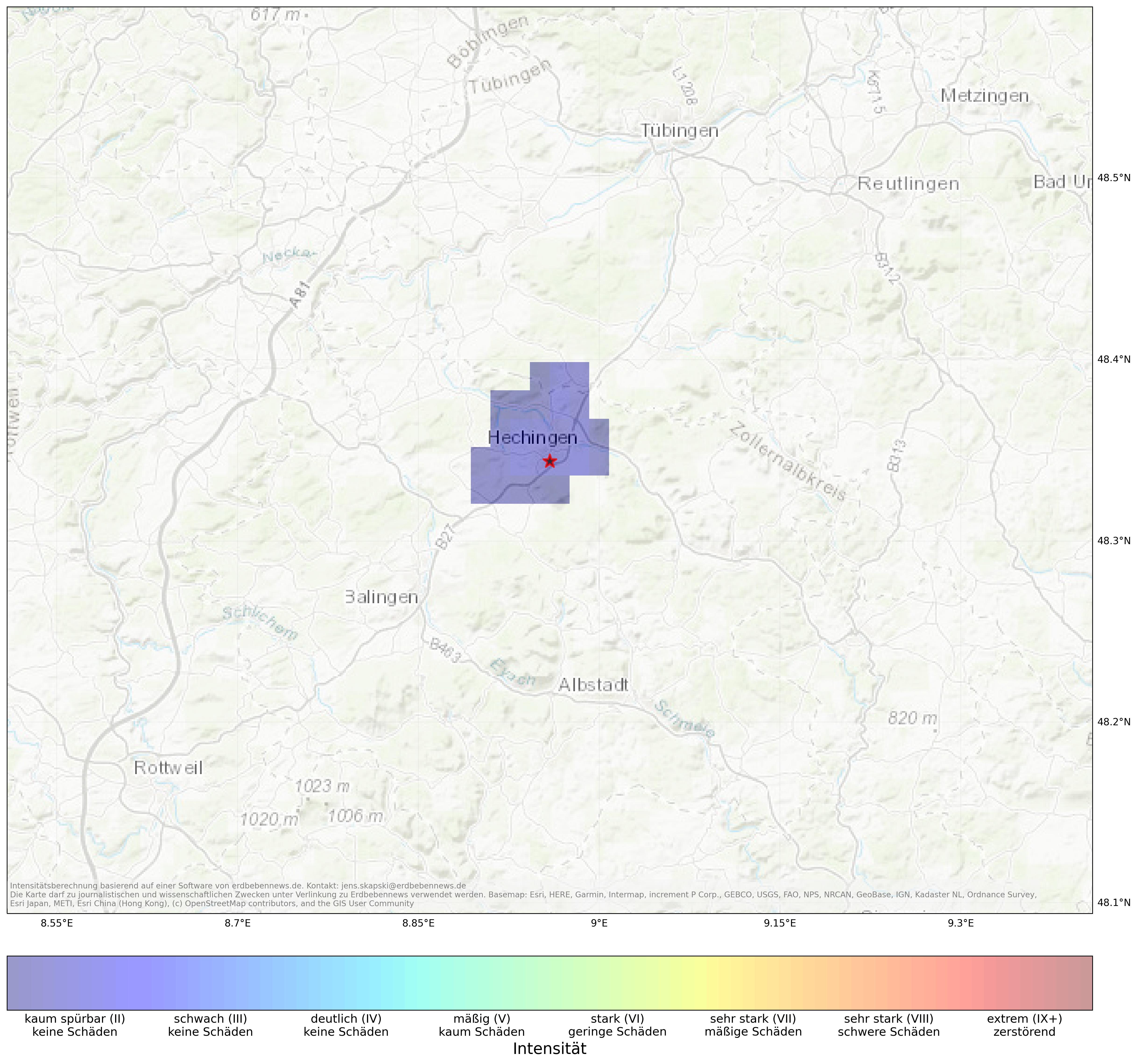 Berechnete Intensität (ShakeMap) des Erdbebens der Stärke 2.0 am 12. April, 20:34 in Deutschland