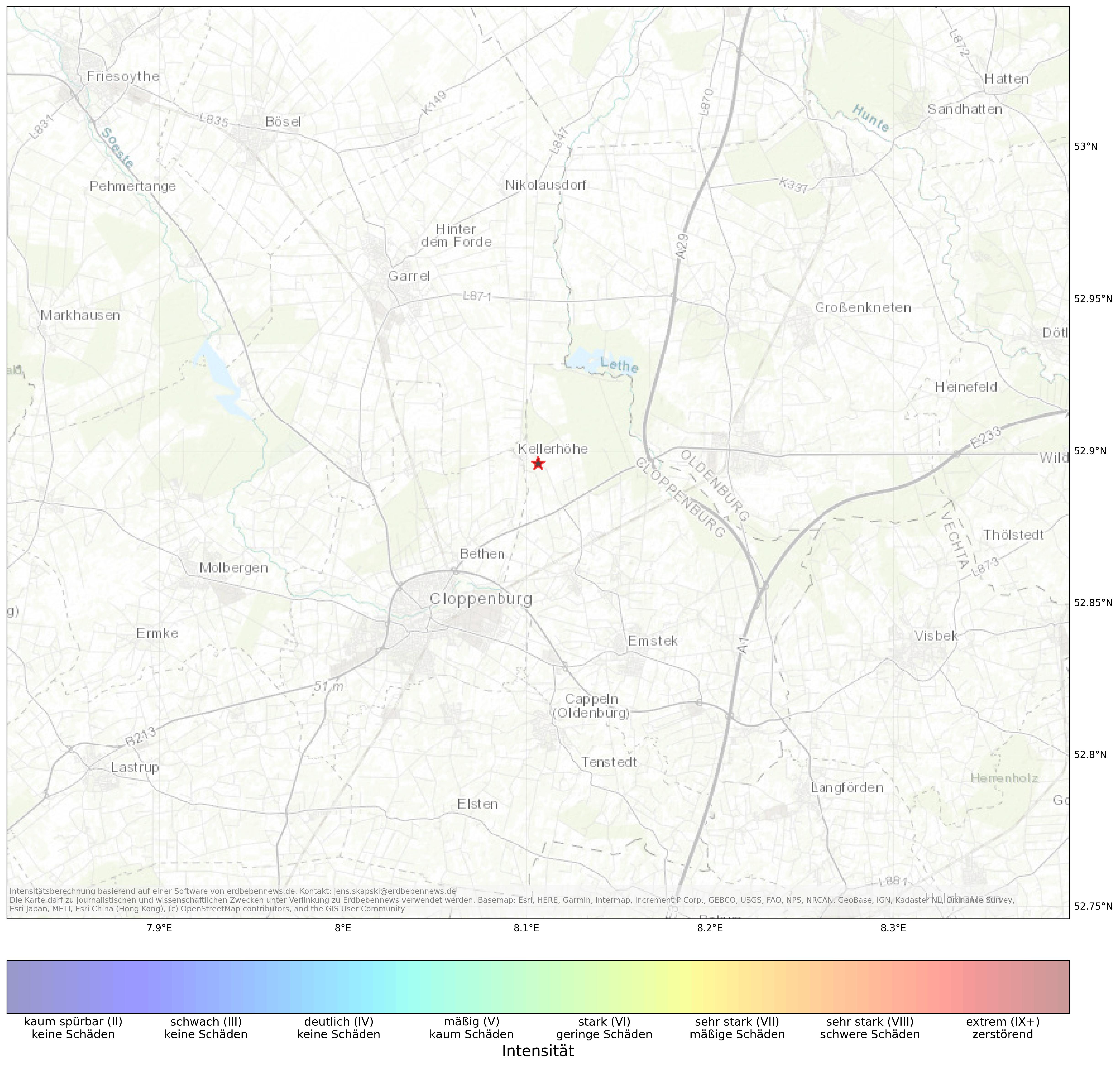 Berechnete Intensität (ShakeMap) des Erdbebens der Stärke 1.3 am 12. April, 23:54 in Deutschland