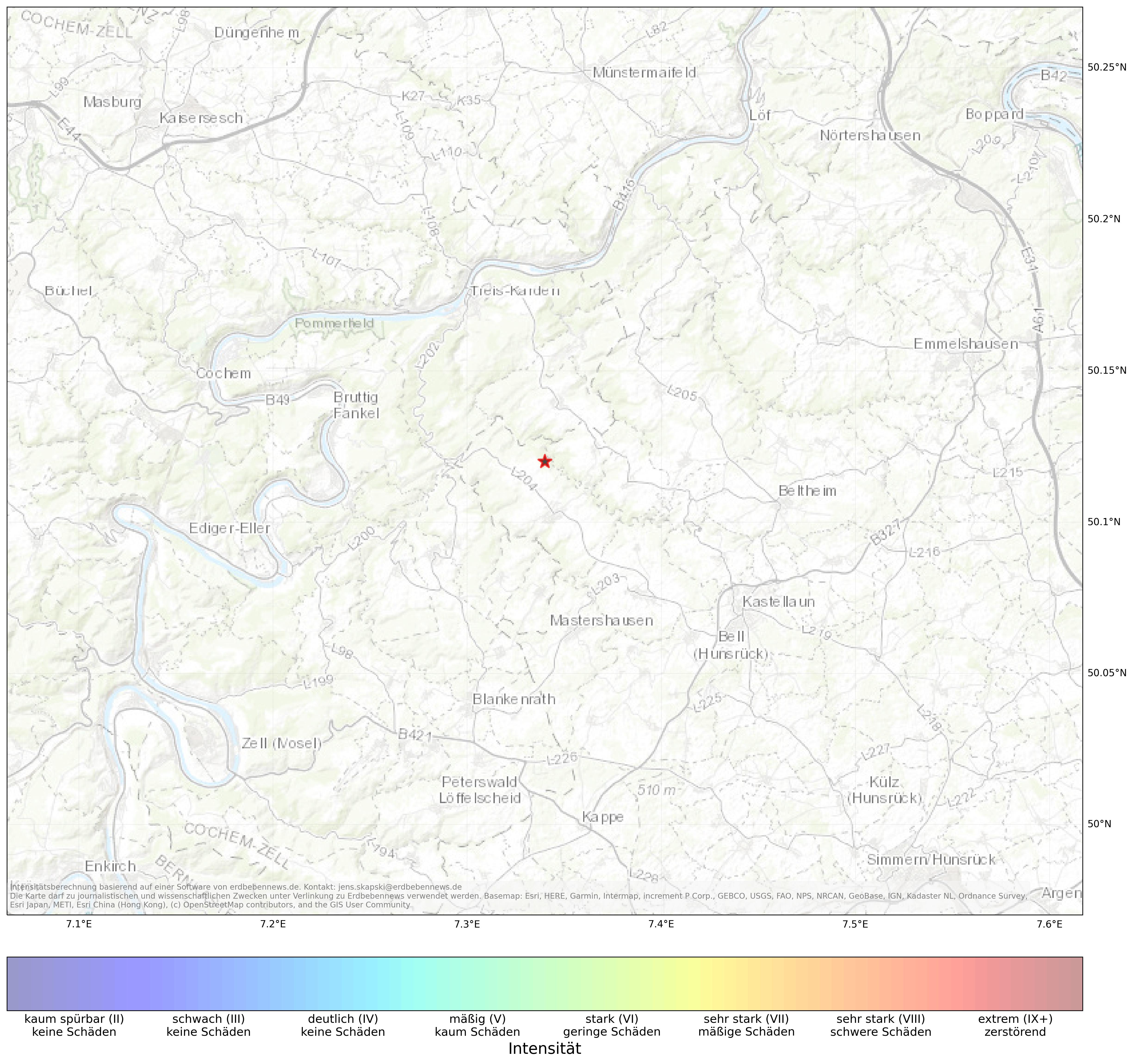 Berechnete Intensität (ShakeMap) des Erdbebens der Stärke 1.8 am 13. April, 02:53 in Deutschland