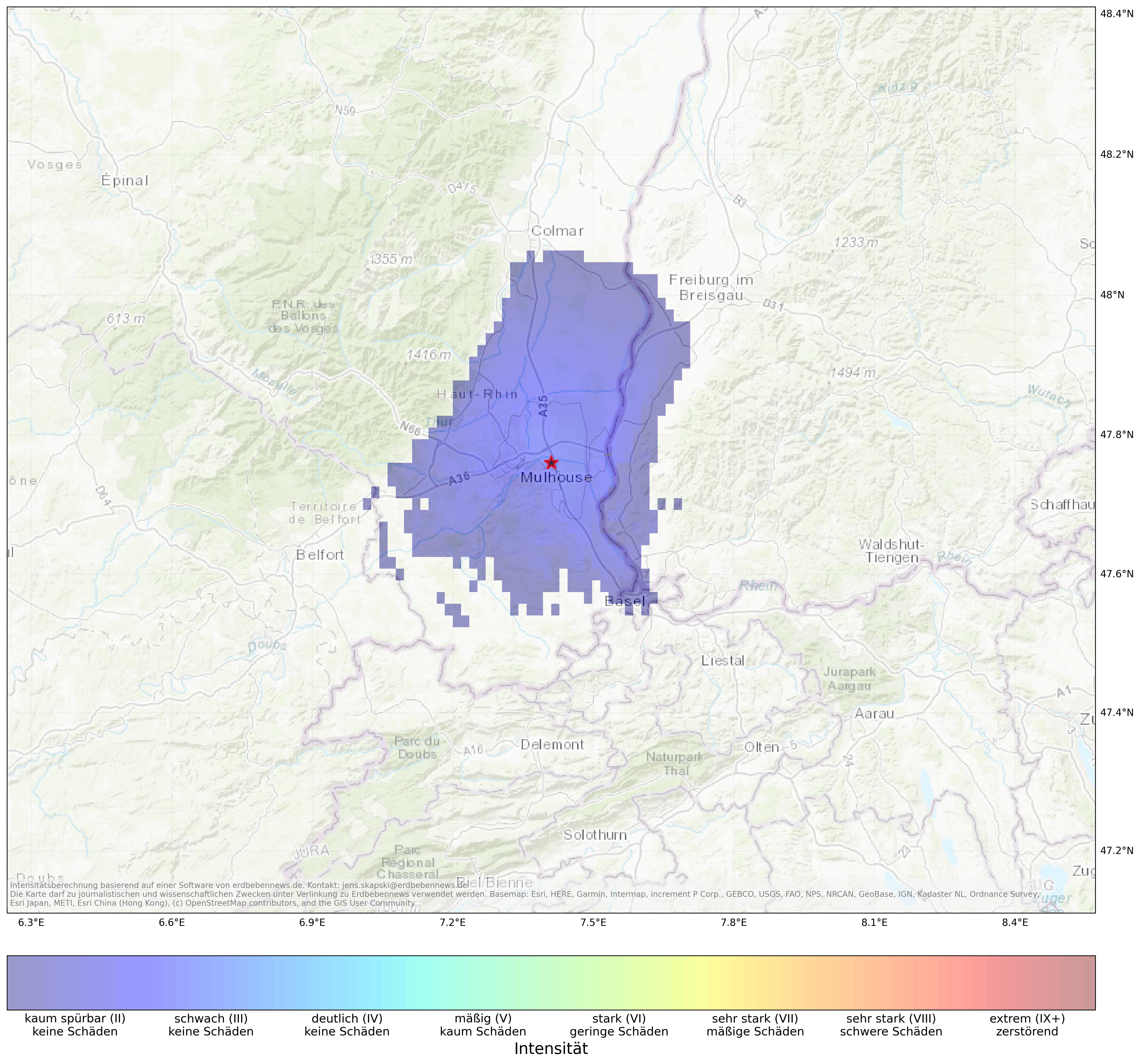 Berechnete Intensität (ShakeMap) des Erdbebens der Stärke 2.8 am 17. April, 05:51 in Frankreich