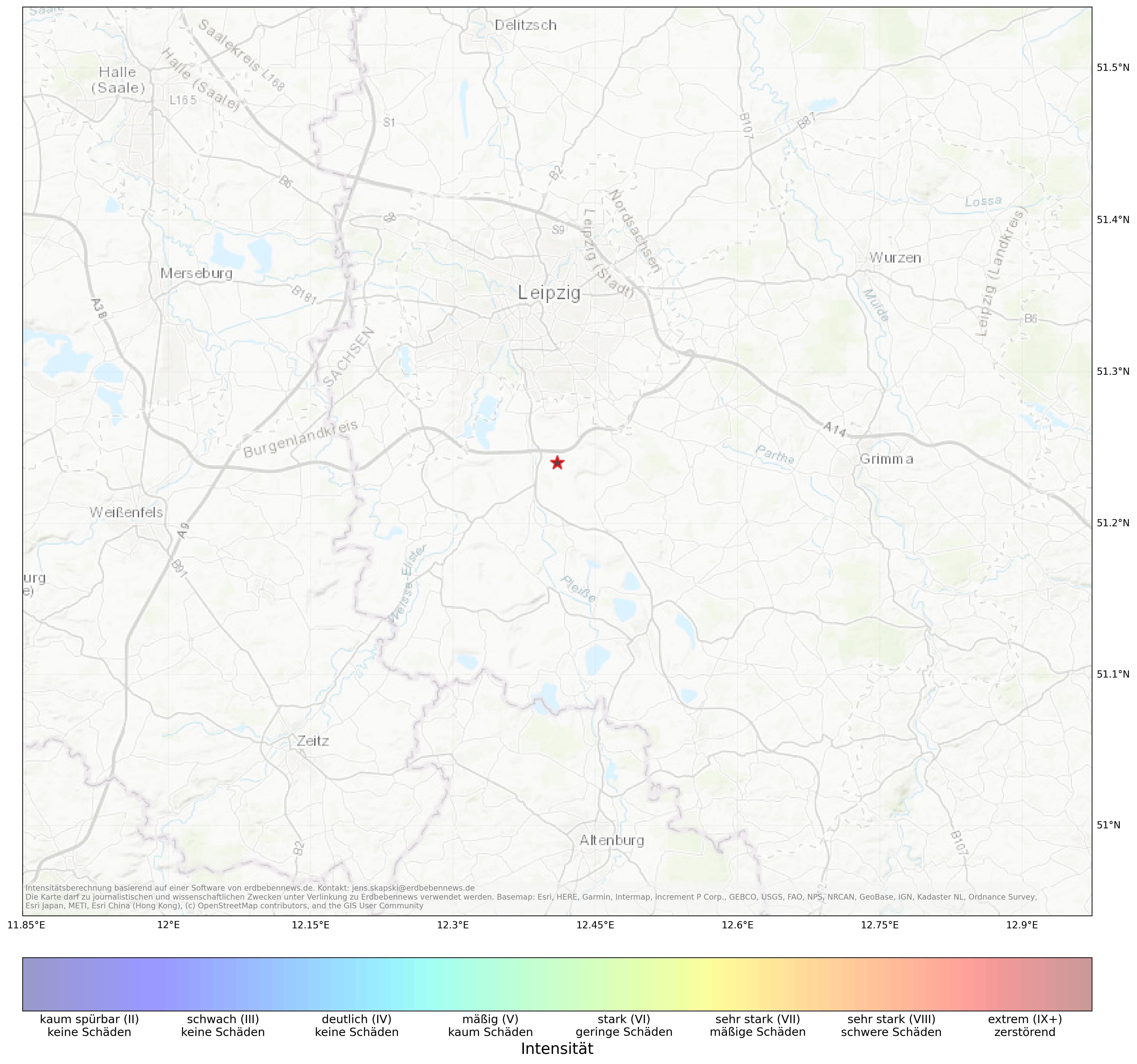 Berechnete Intensität (ShakeMap) des Erdbebens der Stärke 2.1 am 20. April, 22:30 in Deutschland
