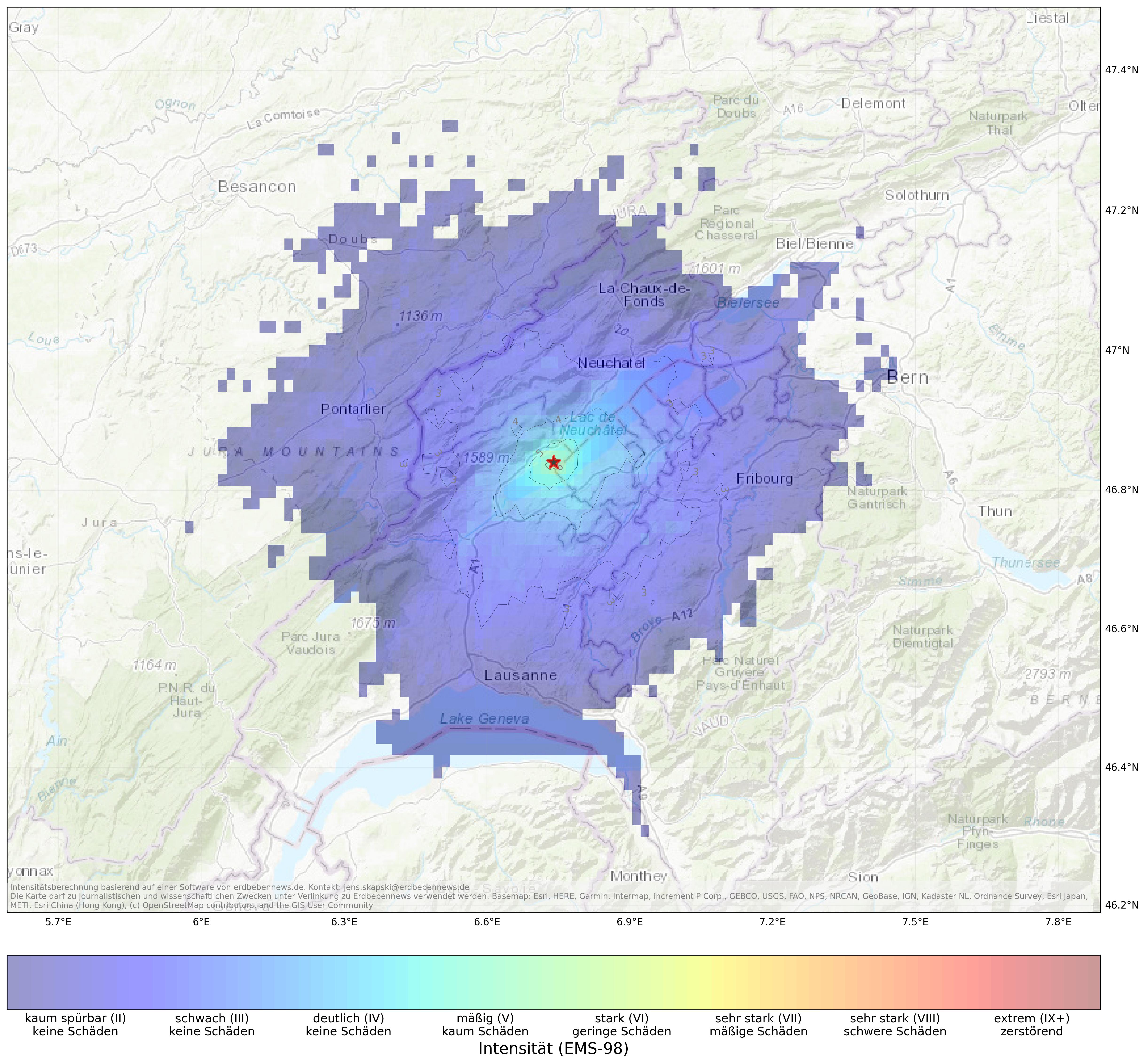Berechnete Intensität (ShakeMap) des Erdbebens der Stärke 3.8 am 22. April, 03:35 Uhr in Schweiz