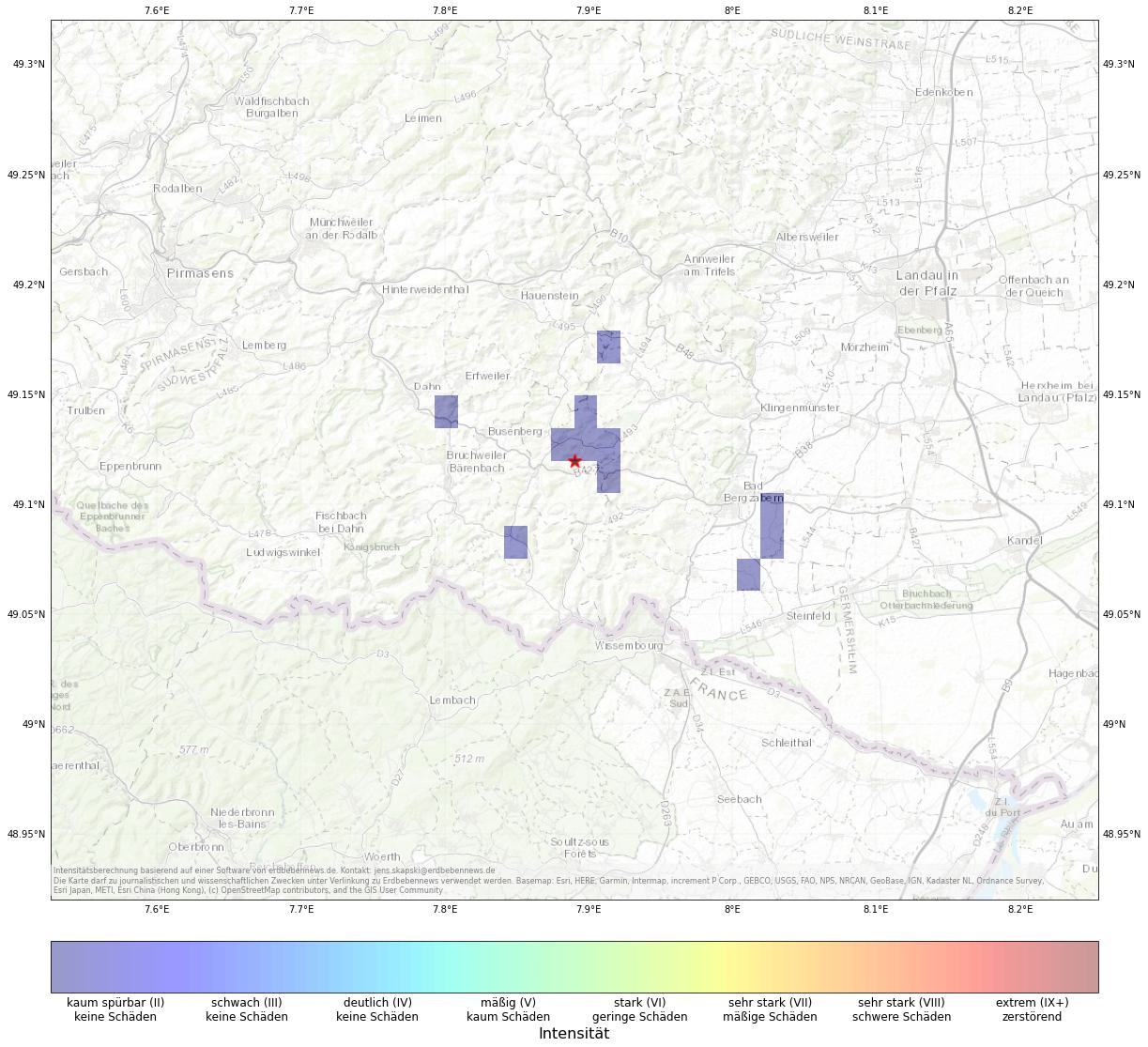 Berechnete Intensität (ShakeMap) des Erdbebens der Stärke 2.2 am 23. April, 14:12 in Deutschland