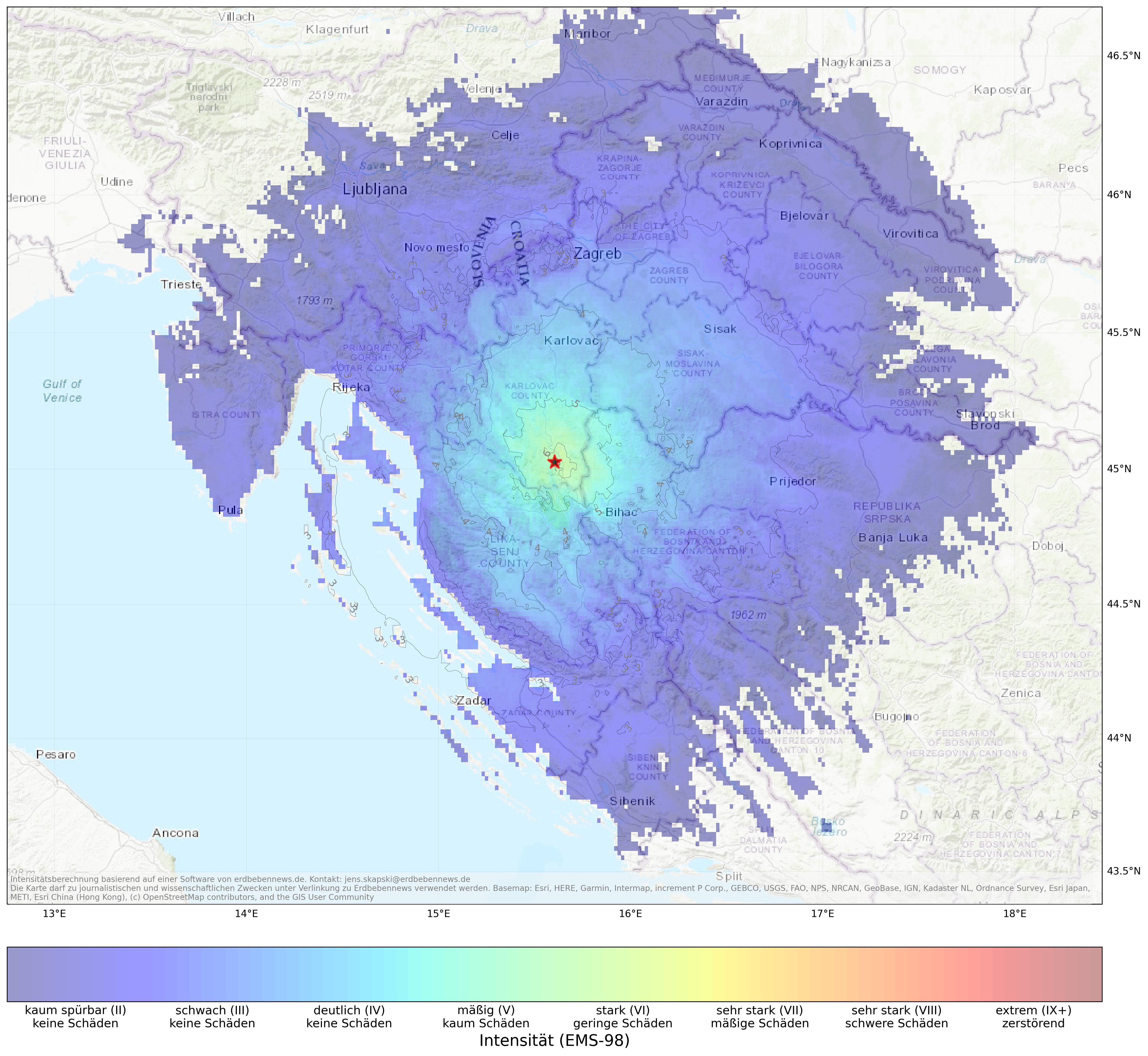 Berechnete Intensität (ShakeMap) des Erdbebens der Stärke 4.8 am 1. Mai, 5:38 Uhr in Kroatien