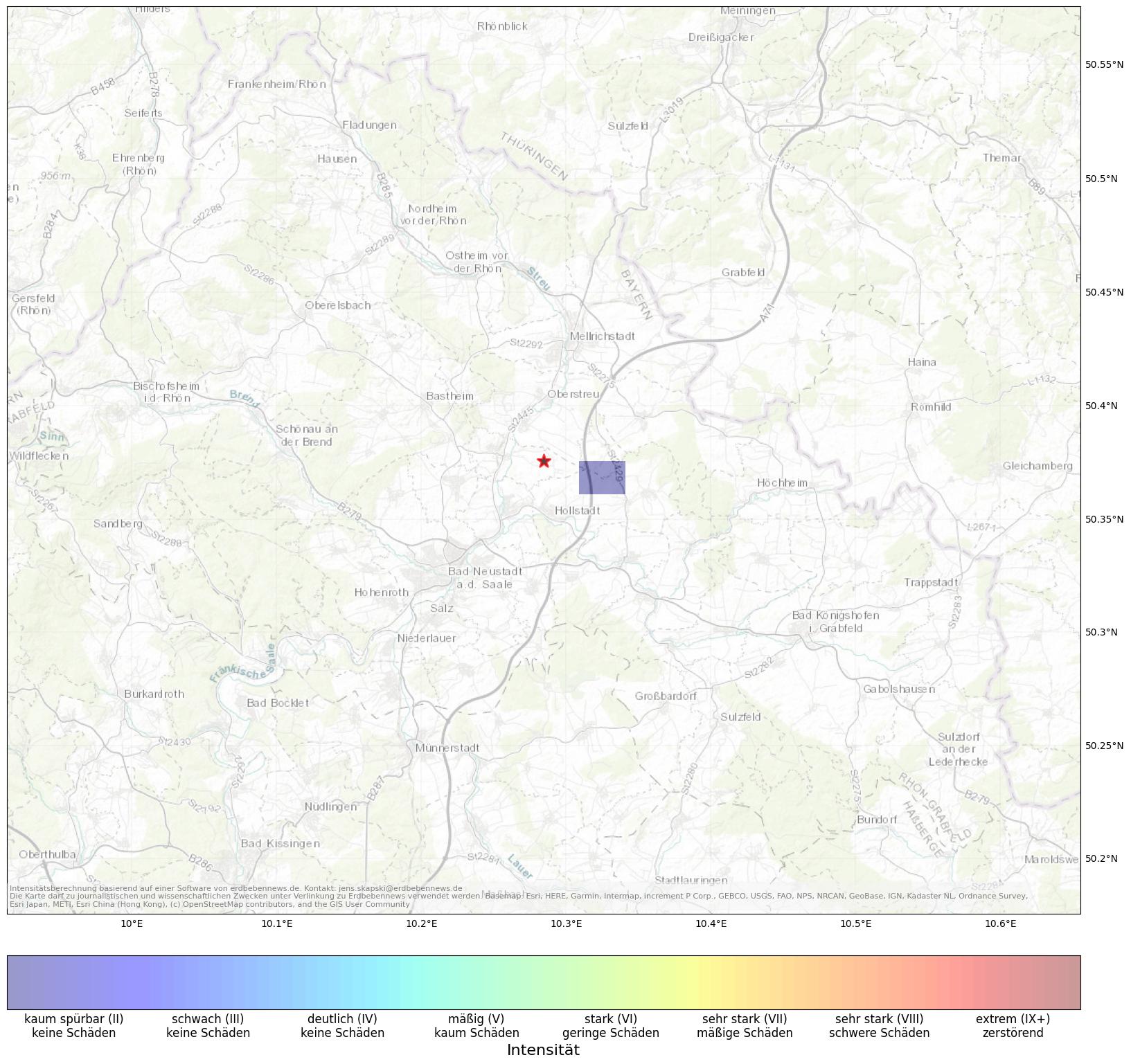 Berechnete Intensität (ShakeMap) des Erdbebens der Stärke 1.9 am 07. May, 00:04 in Deutschland
