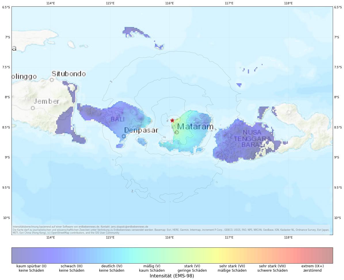Berechnete Intensität (ShakeMap) des Erdbebens der Stärke 5.3 am 14. Mai, 10:11 Uhr in Indonesien
