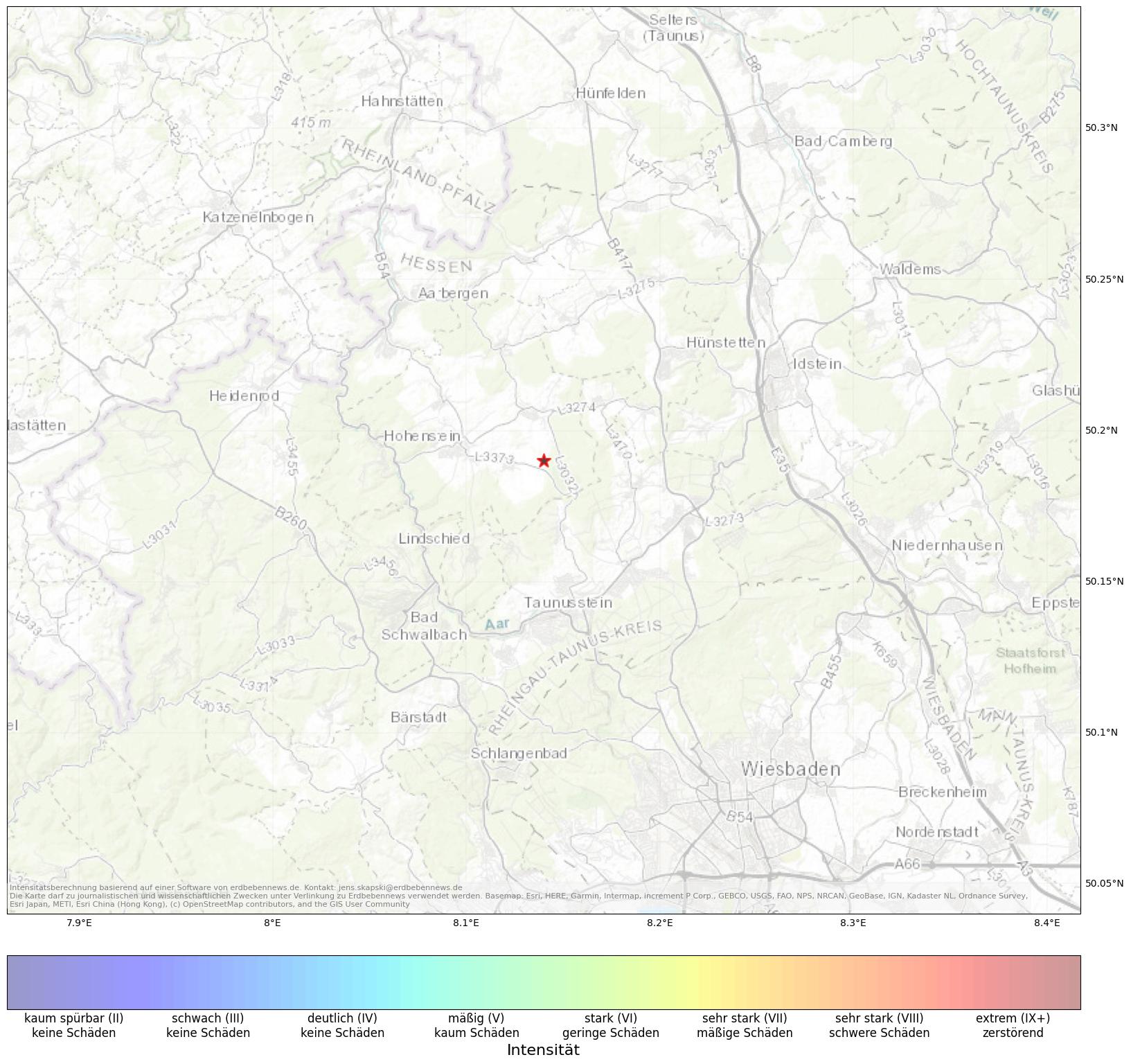 Berechnete Intensität (ShakeMap) des Erdbebens der Stärke 1.6 am 18. May, 23:13 in Deutschland
