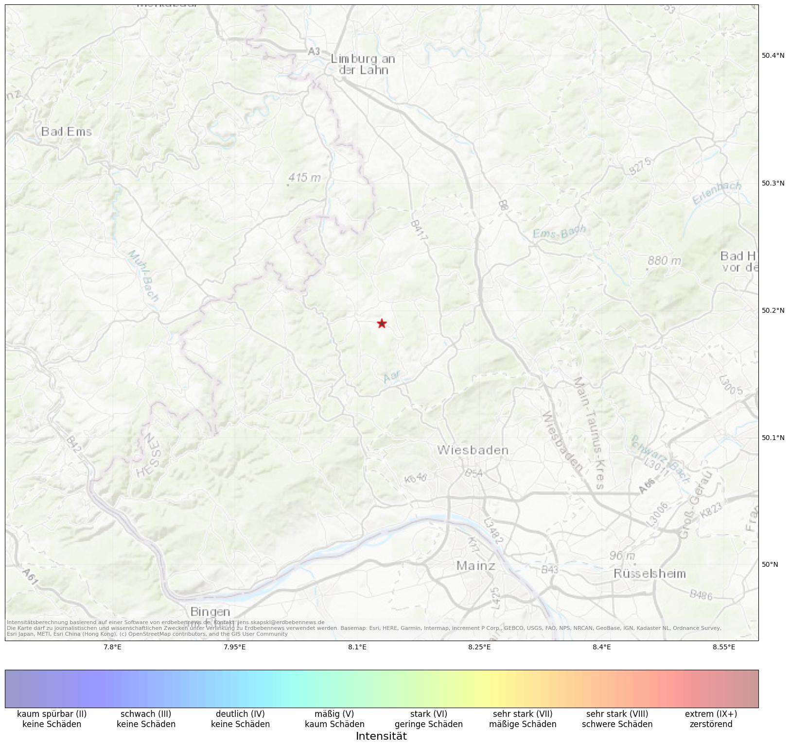 Berechnete Intensität (ShakeMap) des Erdbebens der Stärke 2.0 am 20. May, 10:35 in Deutschland