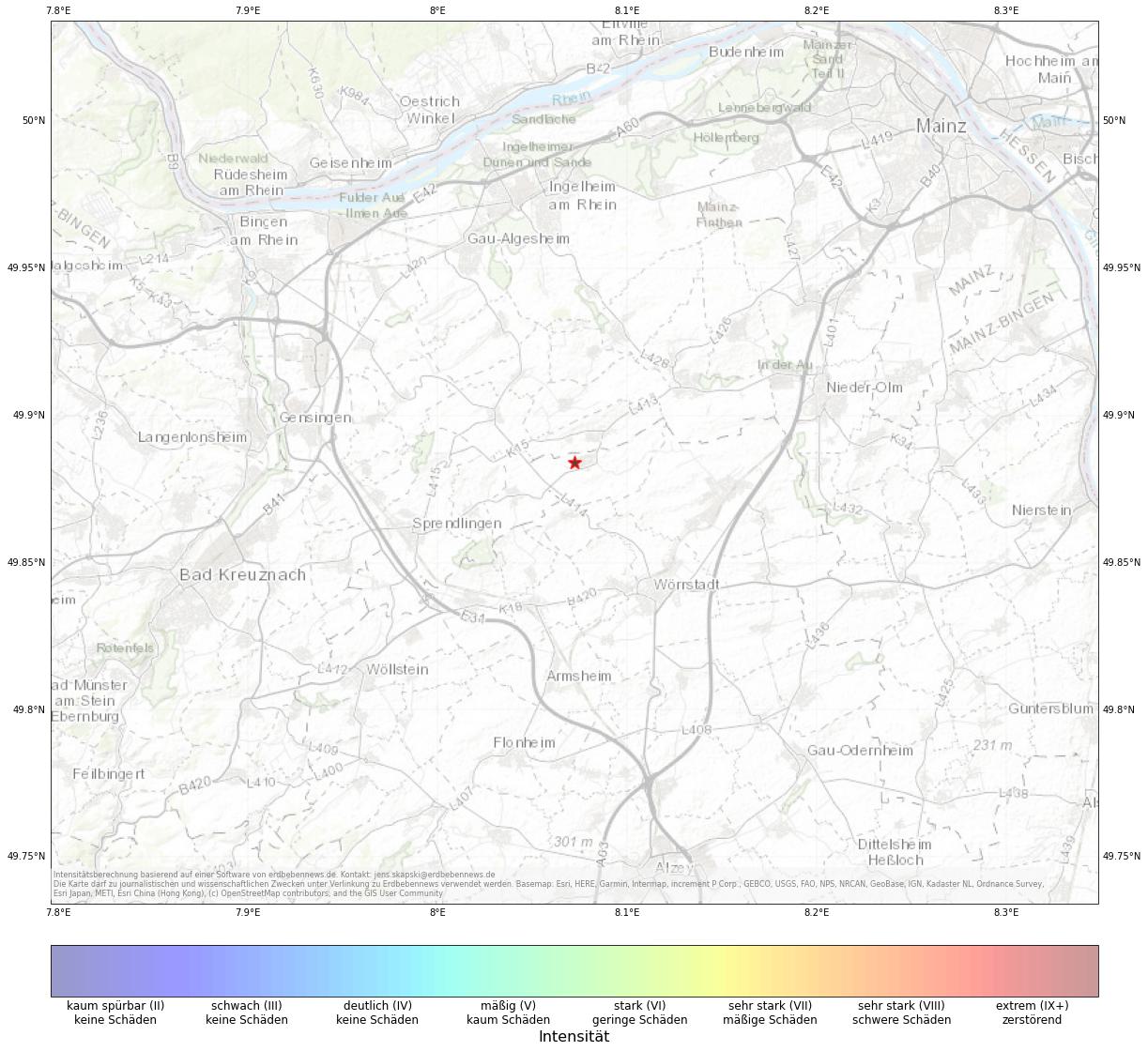 Berechnete Intensität (ShakeMap) des Erdbebens der Stärke 1.4 am 23. May, 06:52 in Deutschland
