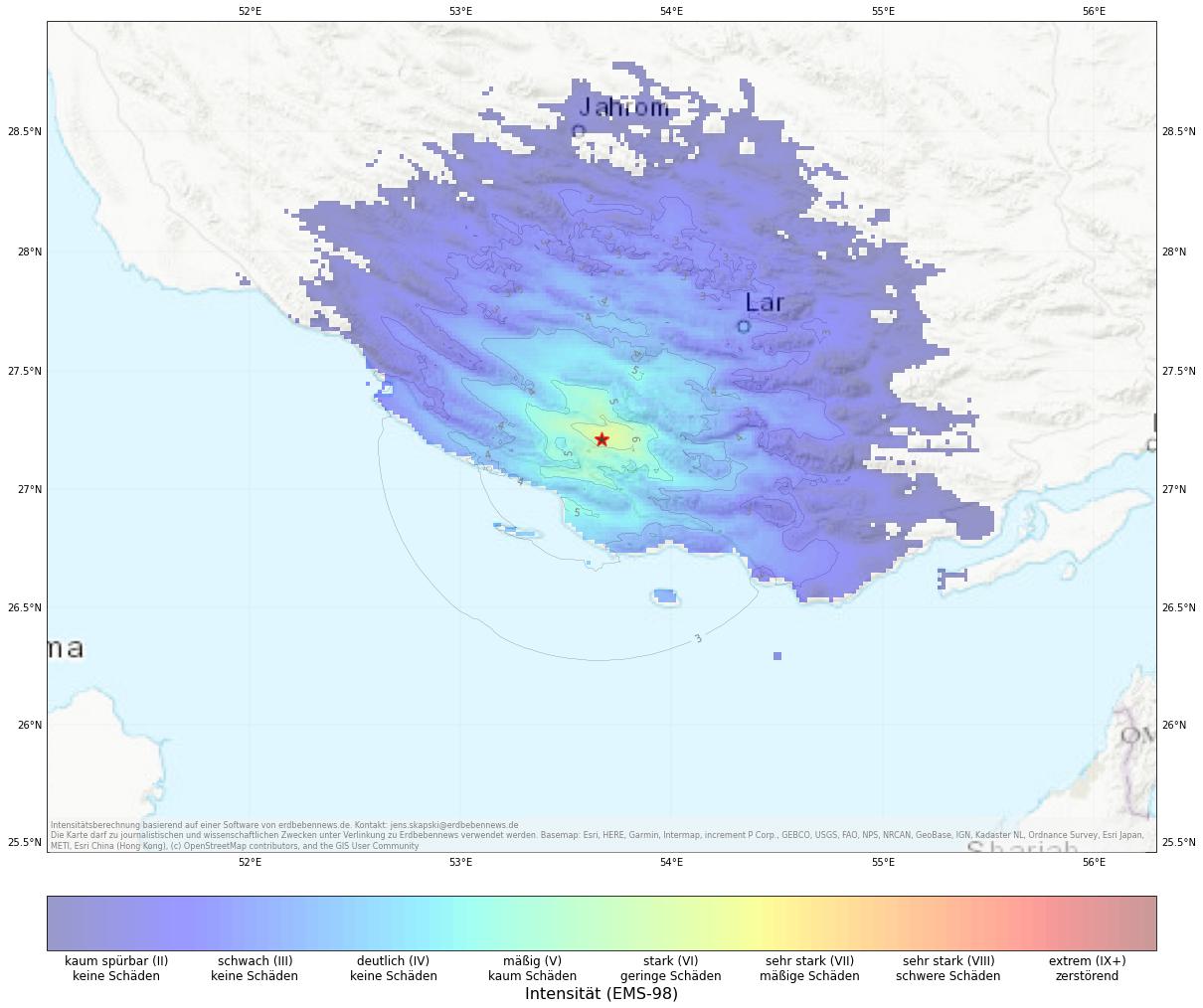 Berechnete Intensität (ShakeMap) des Erdbebens der Stärke 5.0 am 13. Mai, 19:07 Uhr in Iran