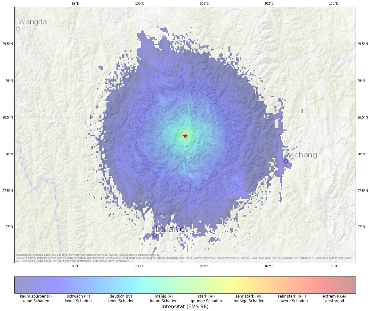 Berechnete Intensität (ShakeMap) des Erdbebens der Stärke 5.0 am 27. Mai, 5:07 Uhr in China