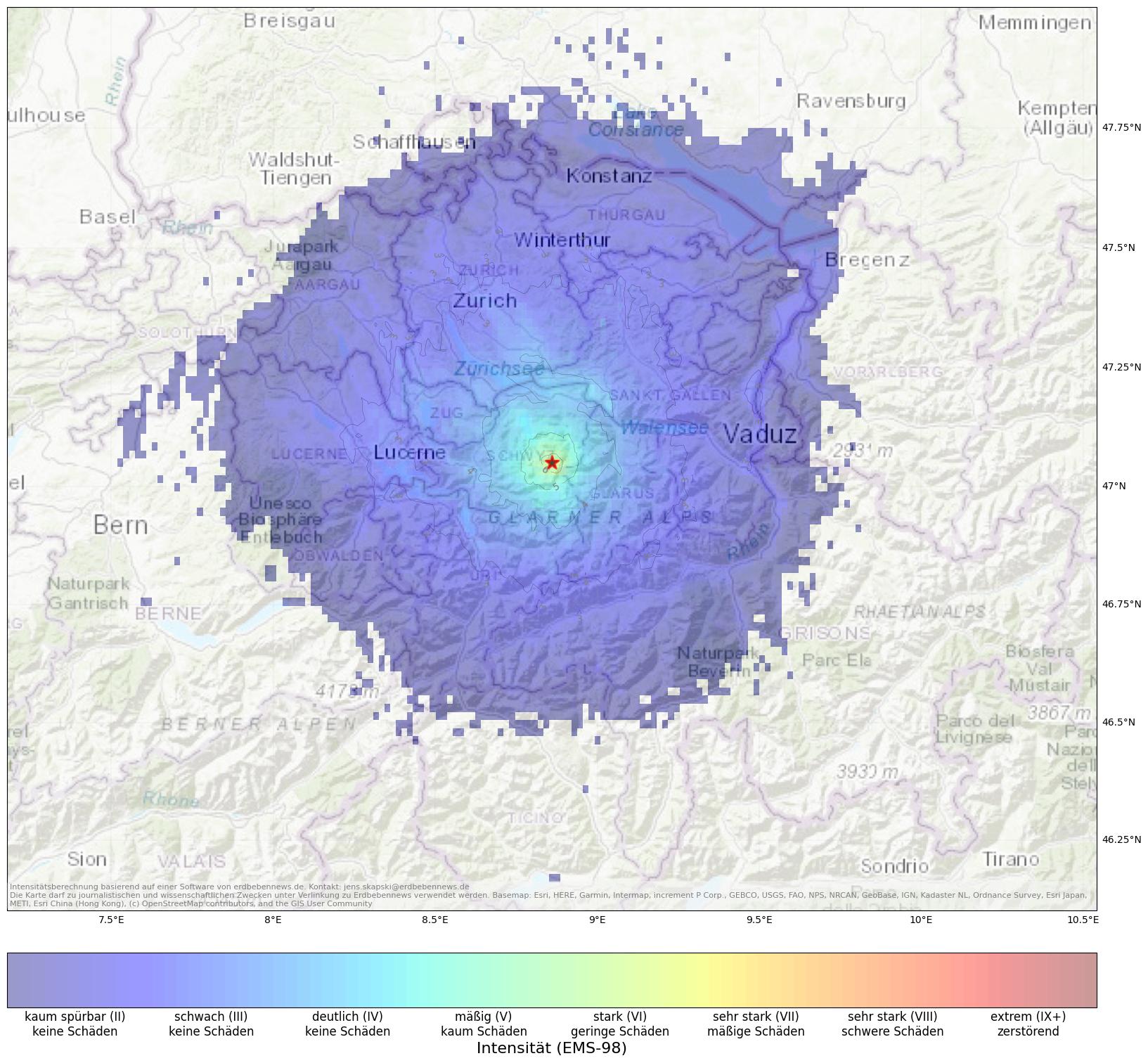 Berechnete Intensität (ShakeMap) des Erdbebens der Stärke 4.4 am 4. Juni, 2:34 Uhr in Schweiz