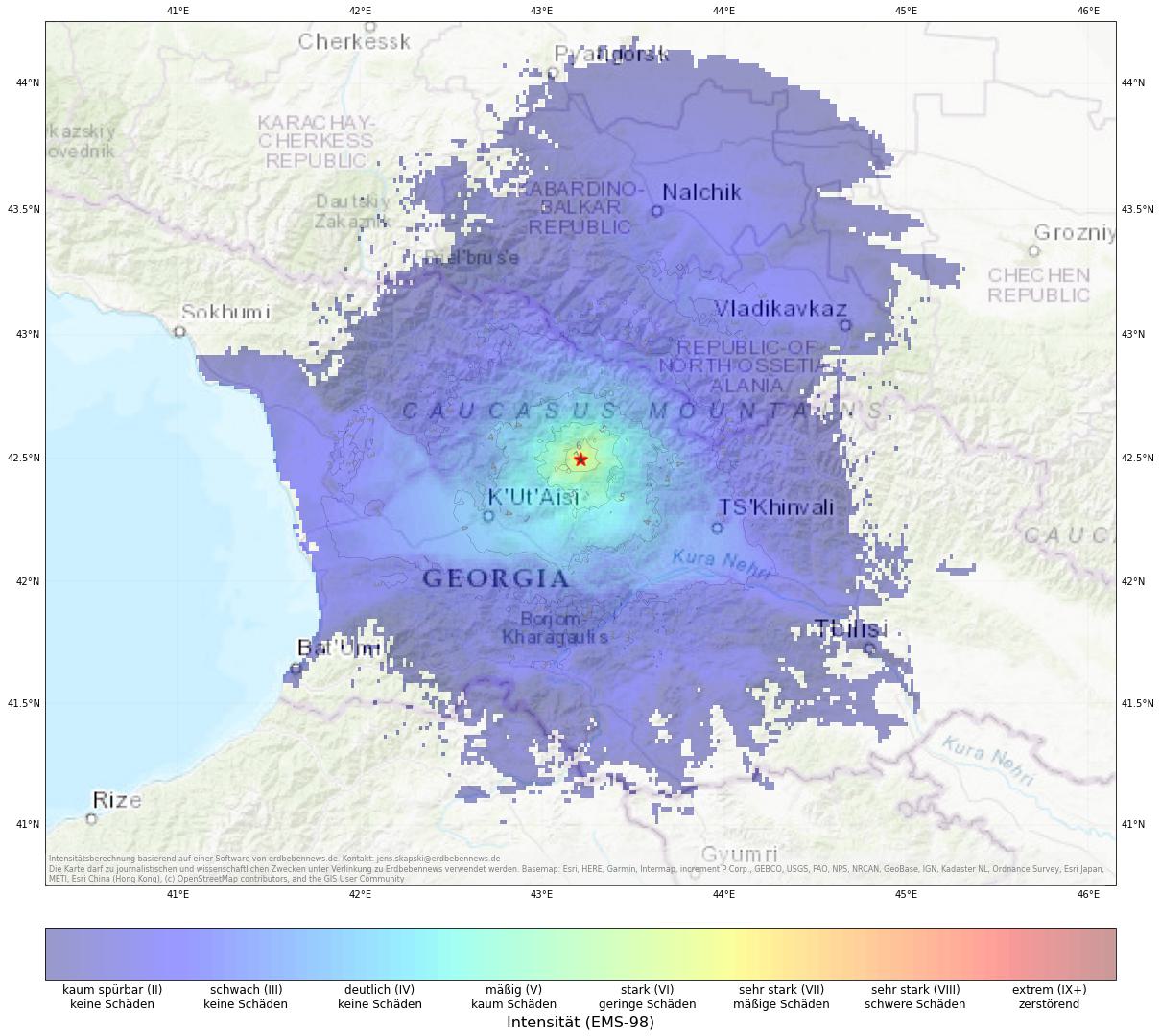 Berechnete Intensität (ShakeMap) des Erdbebens der Stärke 5.0 am 4. Juni, 00:03 Uhr in Georgien