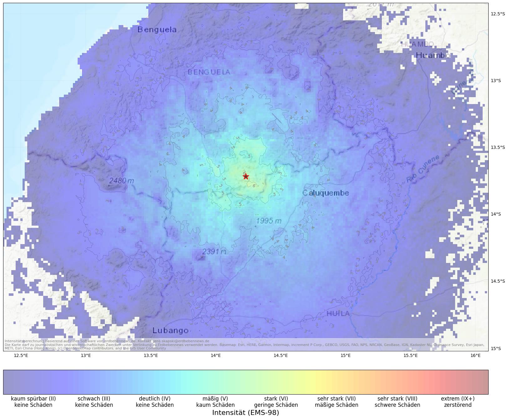 Berechnete Intensität (ShakeMap) des Erdbebens der Stärke 5.1 am 5. Juni, 10:42 Uhr in Angola