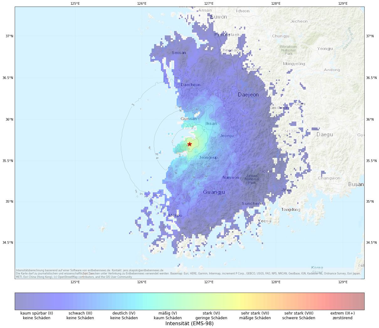 Berechnete Intensität (ShakeMap) des Erdbebens der Stärke 4.8 am 12. Juni, 1:26 Uhr in Südkorea