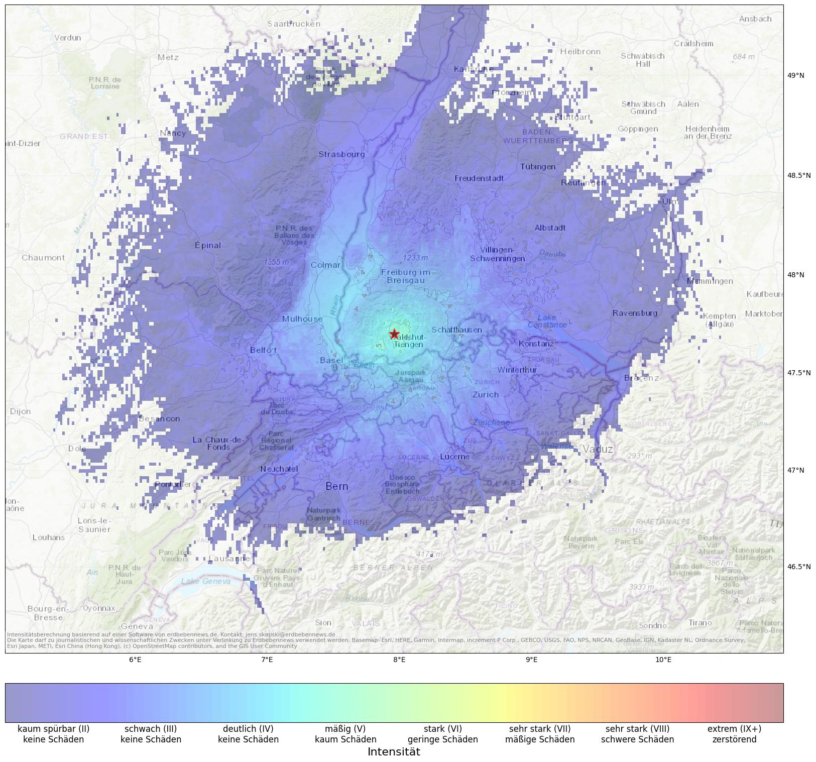 Berechnete Intensität (ShakeMap) des Erdbebens der Stärke 4.2 am 27. June, 03:06 in Deutschland