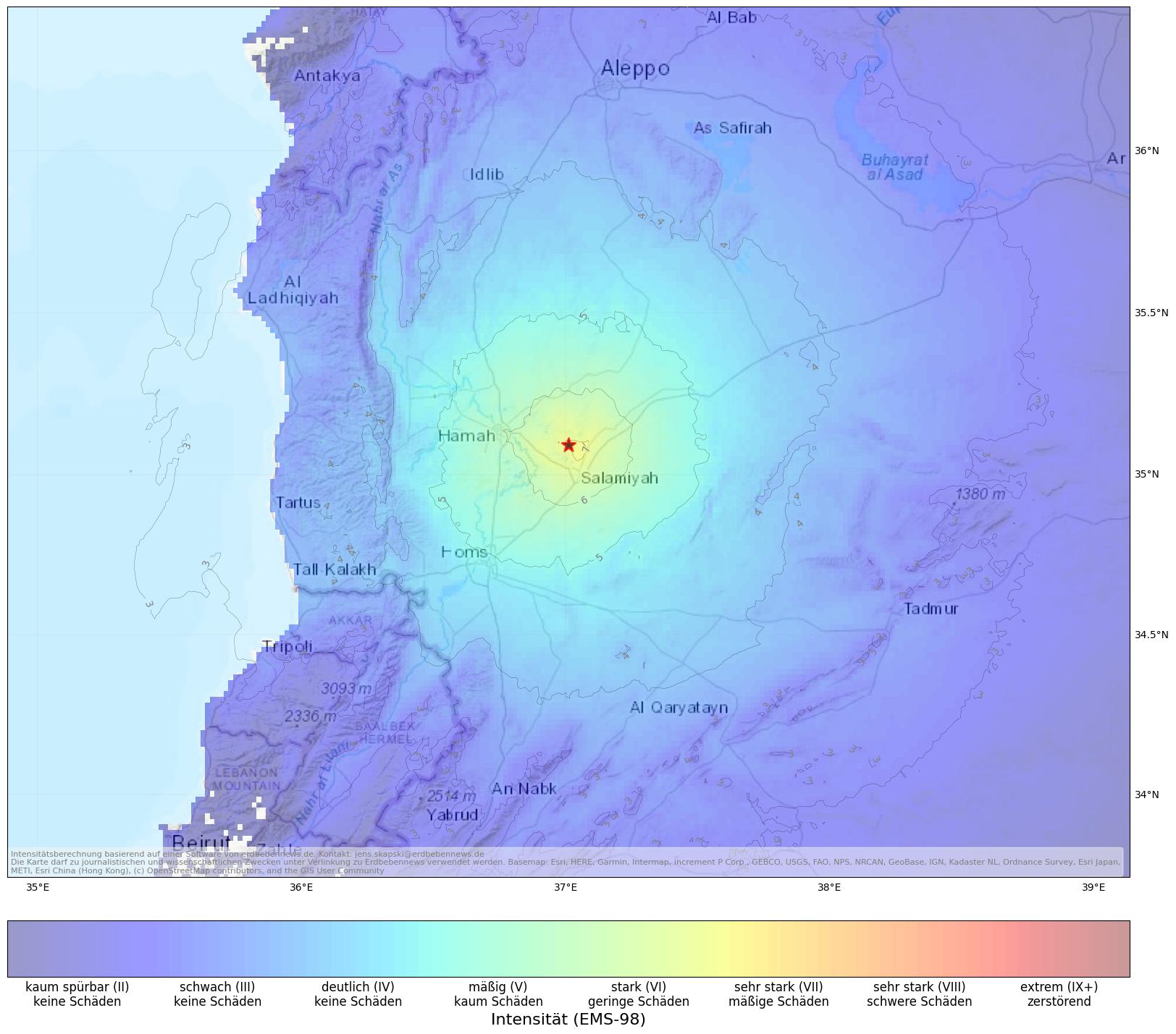 Berechnete Intensität (ShakeMap) des Erdbebens der Stärke 5.2 am 16. August, 12:15 Uhr in Syrien