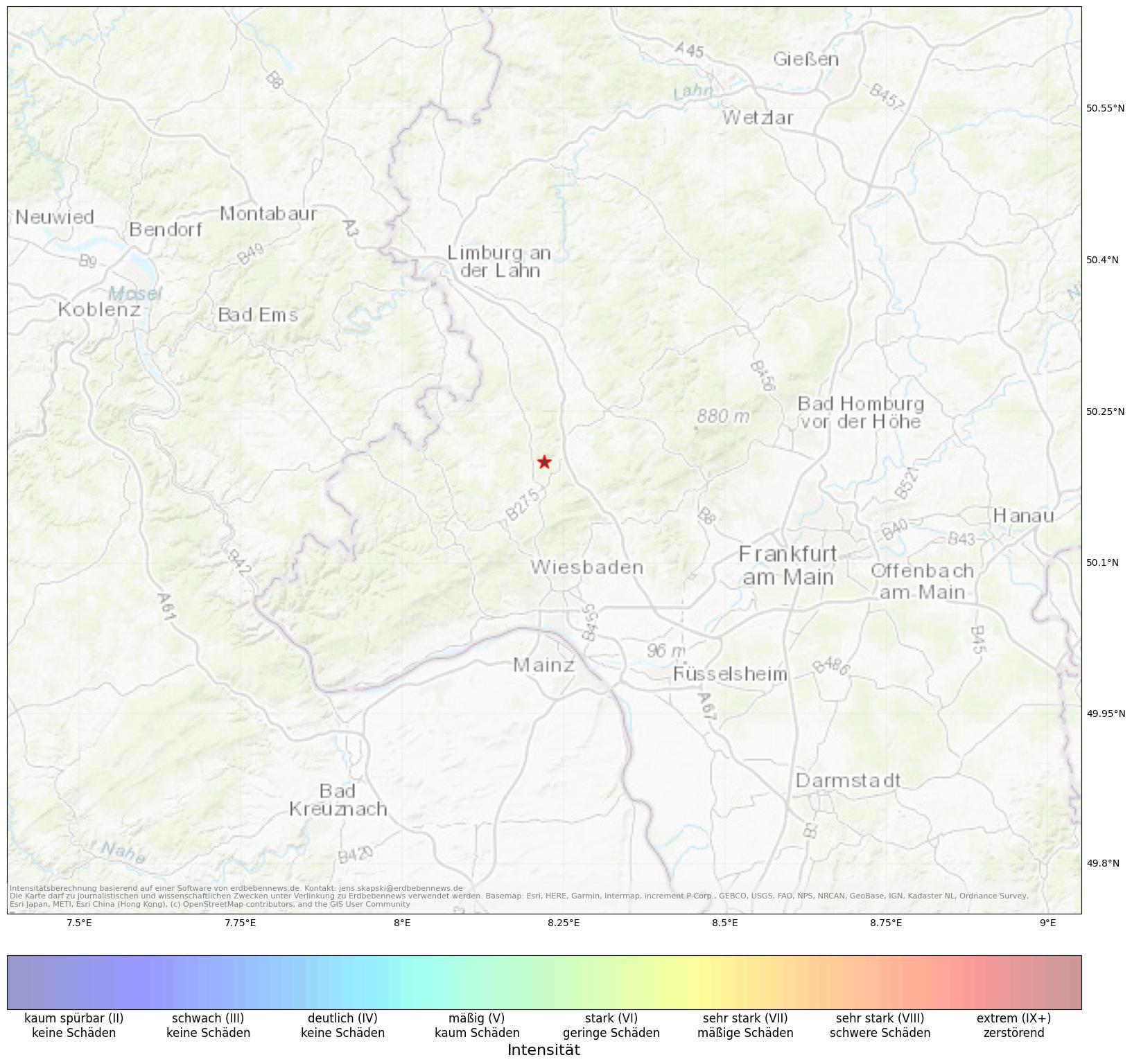 Berechnete Intensität (ShakeMap) des Erdbebens der Stärke 1.6 am 17. August, 04:38 in Deutschland