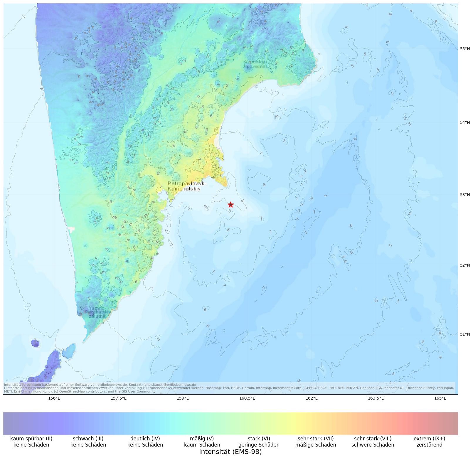 Berechnete Intensität (ShakeMap) des Erdbebens der Stärke 7.0 am 17. August, 21:10 Uhr in Russische Föderation