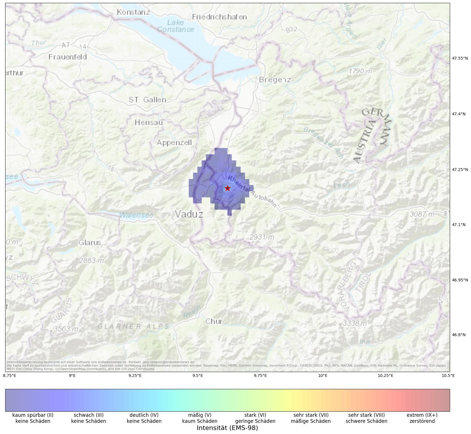 Berechnete Intensität (ShakeMap) des Erdbebens der Stärke 2.5 am 17. August, 3:00 Uhr in Österreich