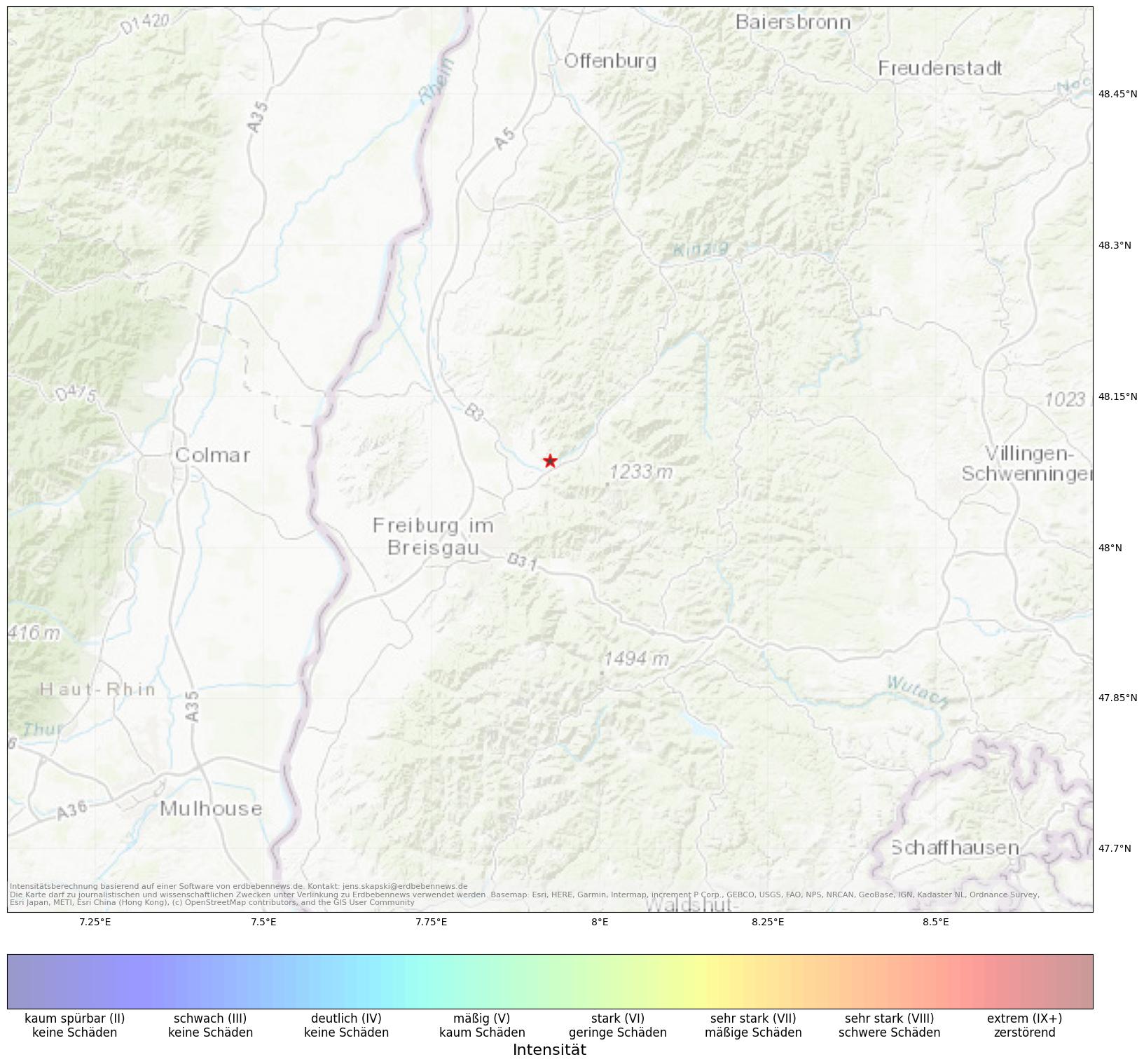 Berechnete Intensität (ShakeMap) des Erdbebens der Stärke 1.7 am 21. August, 21:19 in Deutschland