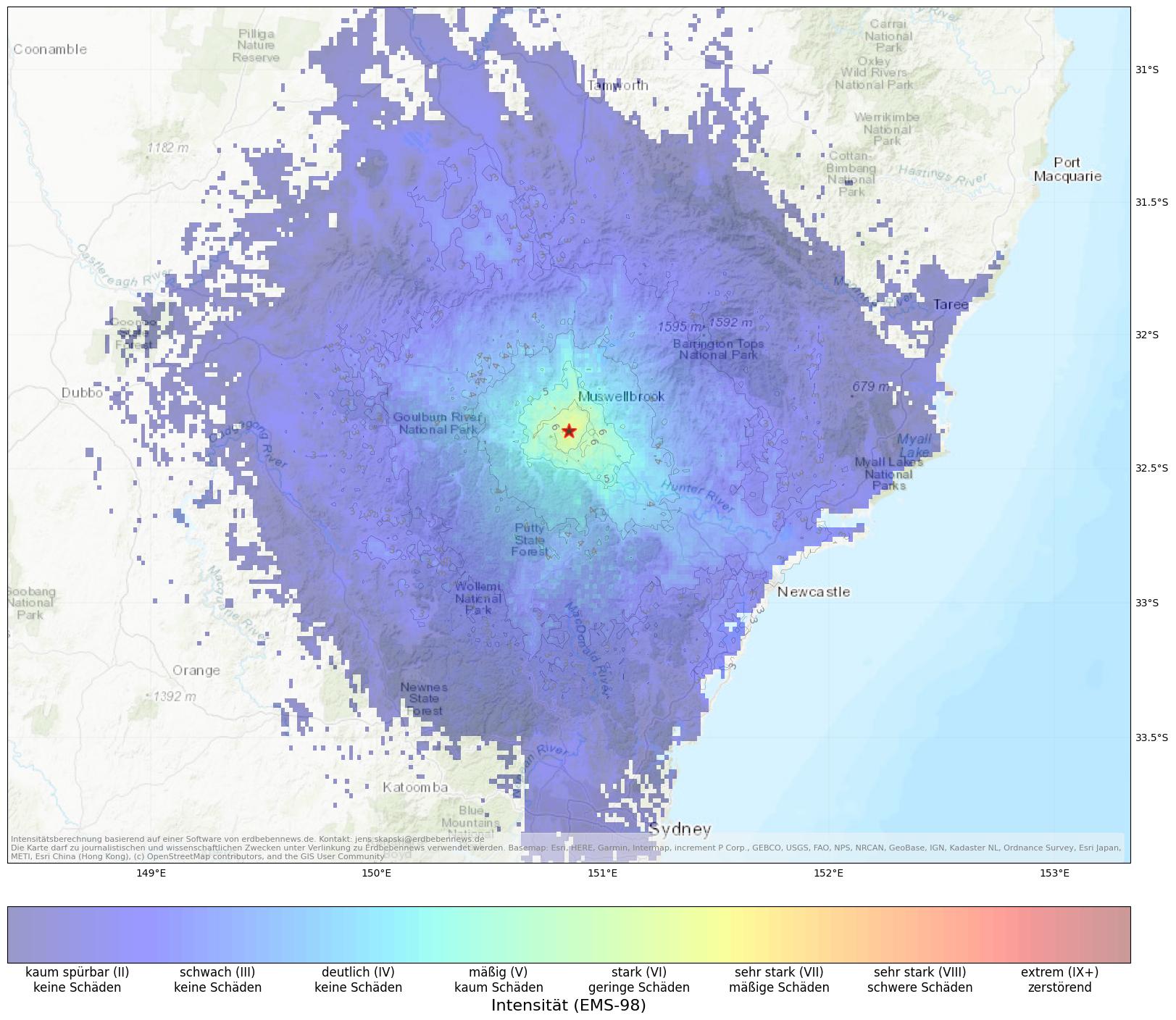 Berechnete Intensität (ShakeMap) des Erdbebens der Stärke 4.7 am 23. August, 04:01 Uhr in Australien