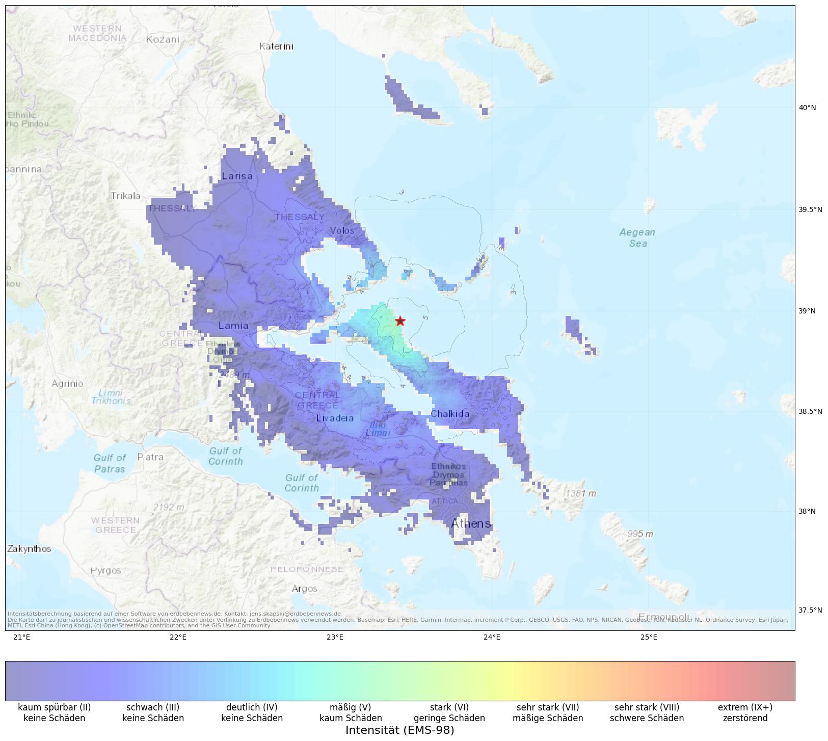 Berechnete Intensität (ShakeMap) des Erdbebens der Stärke 4.6 am 26. August, 21:53 Uhr in Griechenland