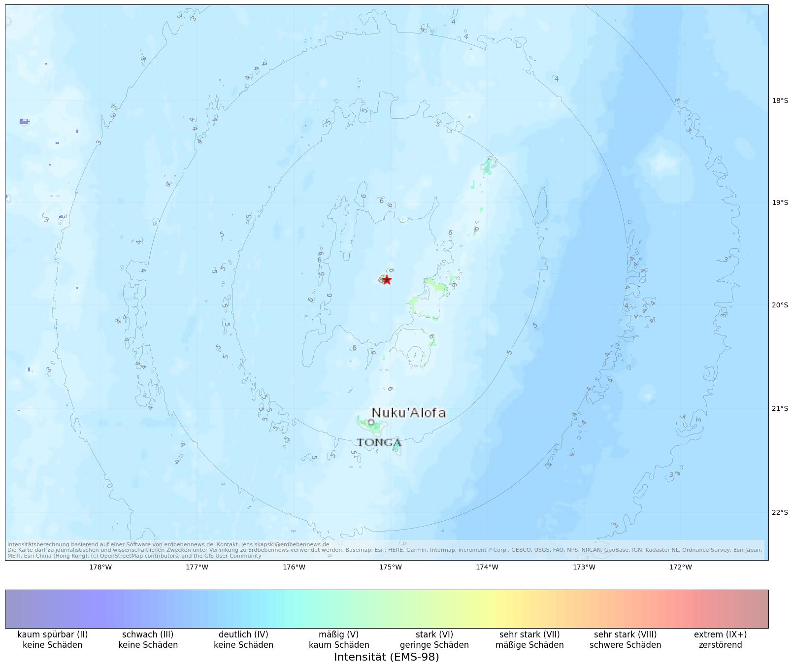 Berechnete Intensität (ShakeMap) des Erdbebens der Stärke 6.9 am 26. August, 01:29 Uhr in Tonga