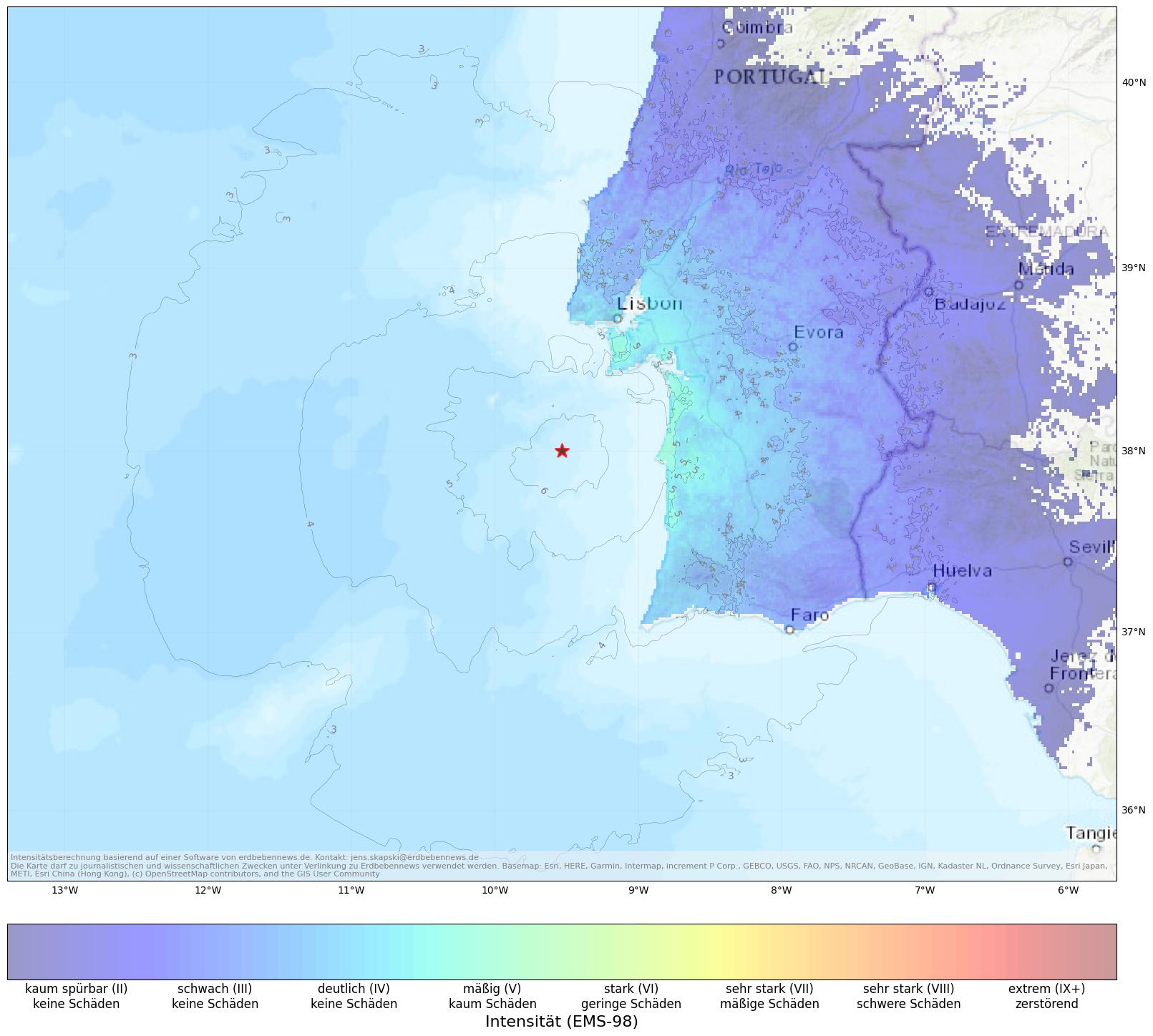 Berechnete Intensität (ShakeMap) des Erdbebens der Stärke 5.3 am 26. August, 06:11 Uhr in Portugal