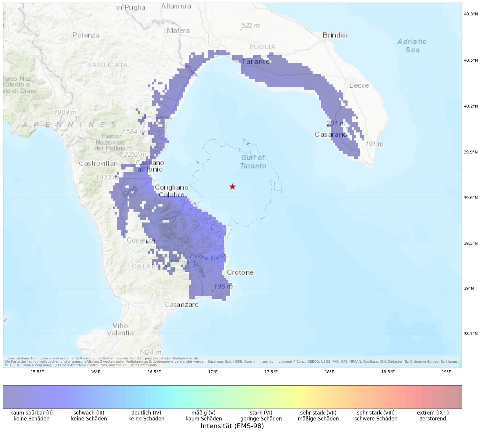 Berechnete Intensität (ShakeMap) des Erdbebens der Stärke 3.9 am 27. August, 14:47 Uhr in Italien