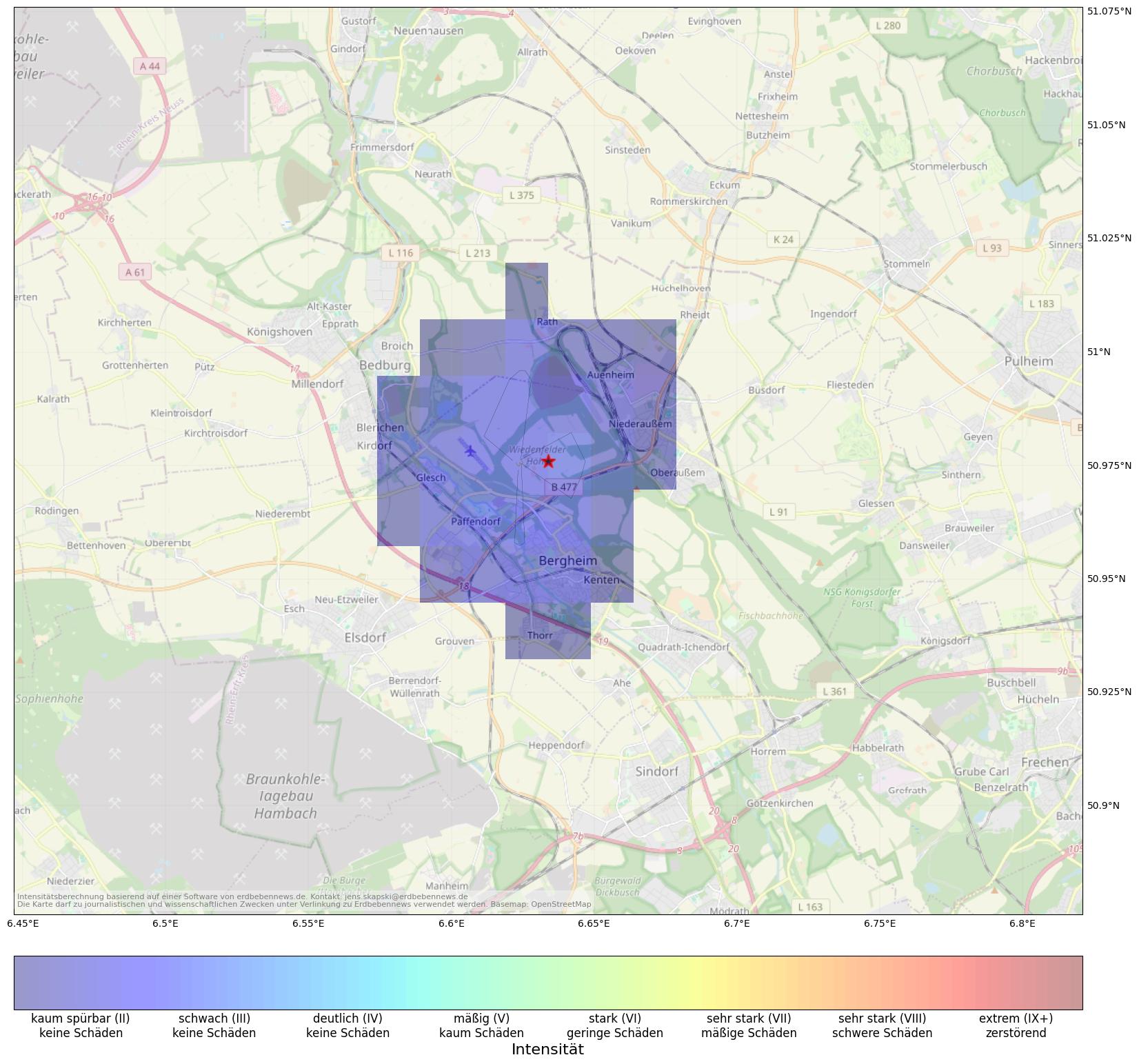 Berechnete Intensität (ShakeMap) des Erdbebens der Stärke 2.2 am 28. August, 00:11 in Deutschland