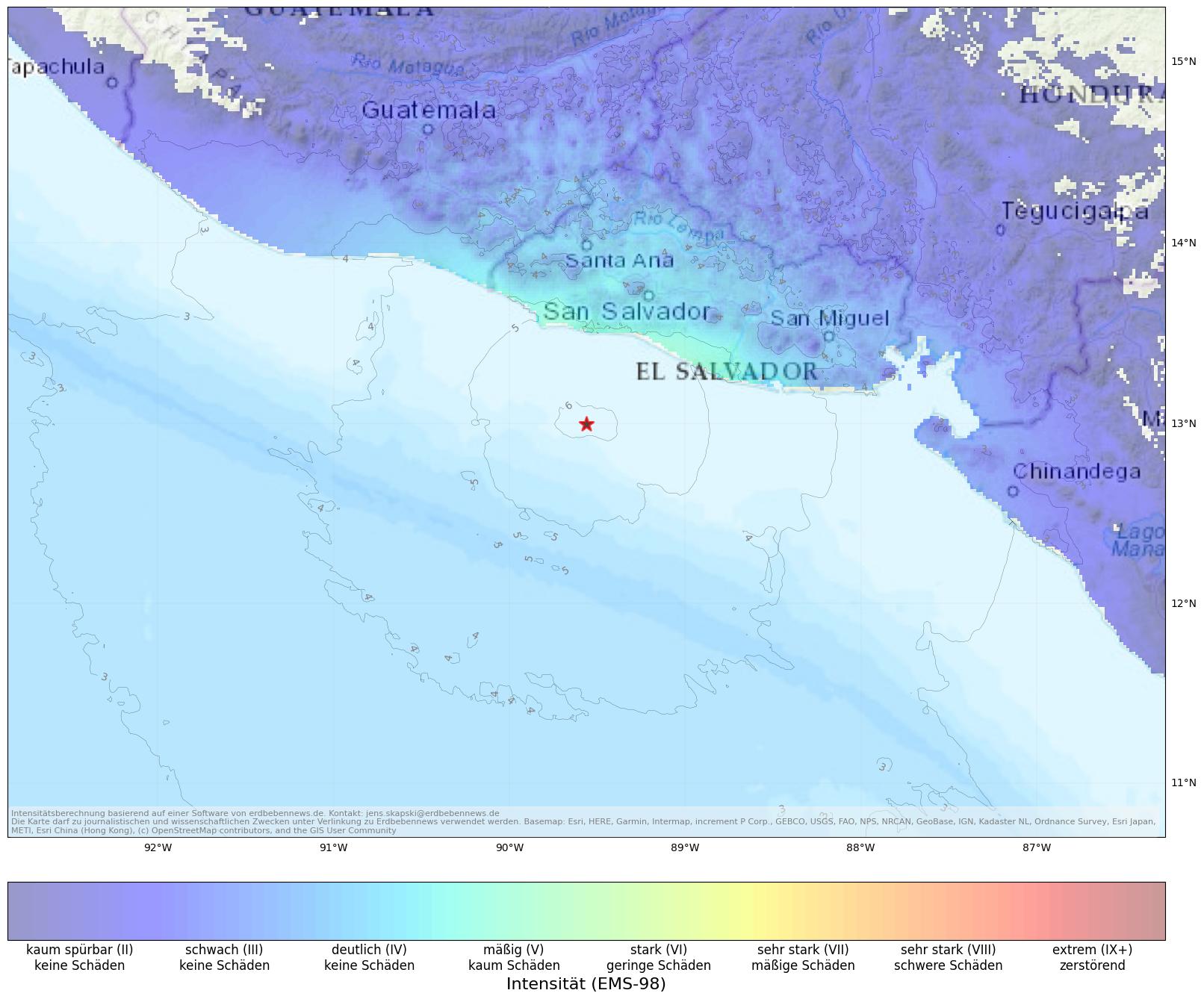 Berechnete Intensität (ShakeMap) des Erdbebens der Stärke 6.1 am 28. August, 23:57 Uhr in El Salvador