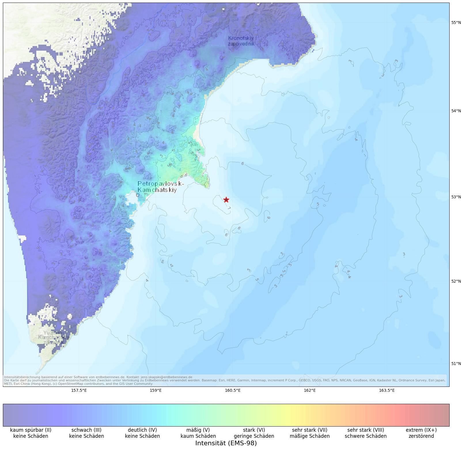 Berechnete Intensität (ShakeMap) des Erdbebens der Stärke 6.0 am 30. August, 06:24 Uhr in Russische Föderation