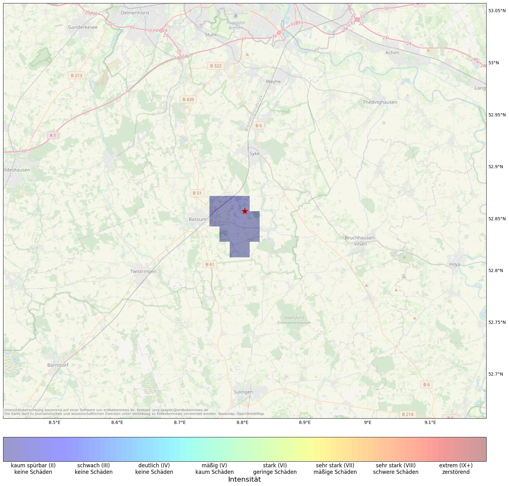 Berechnete Intensität (ShakeMap) des Erdbebens der Stärke 1.9 am 03. September, 21:55 in Deutschland