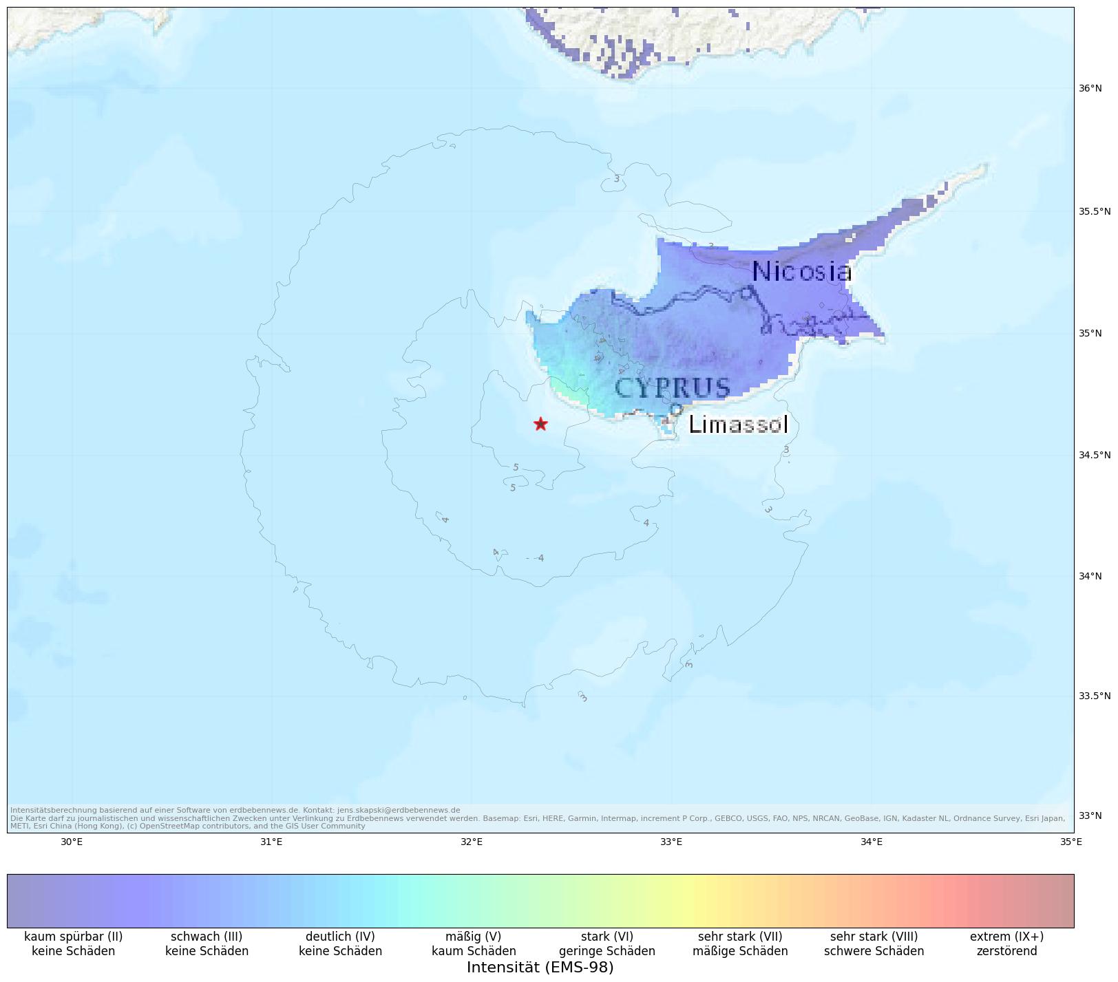 Berechnete Intensität (ShakeMap) des Erdbebens der Stärke 4.9 am 3. September, 23:39 Uhr in Zypern