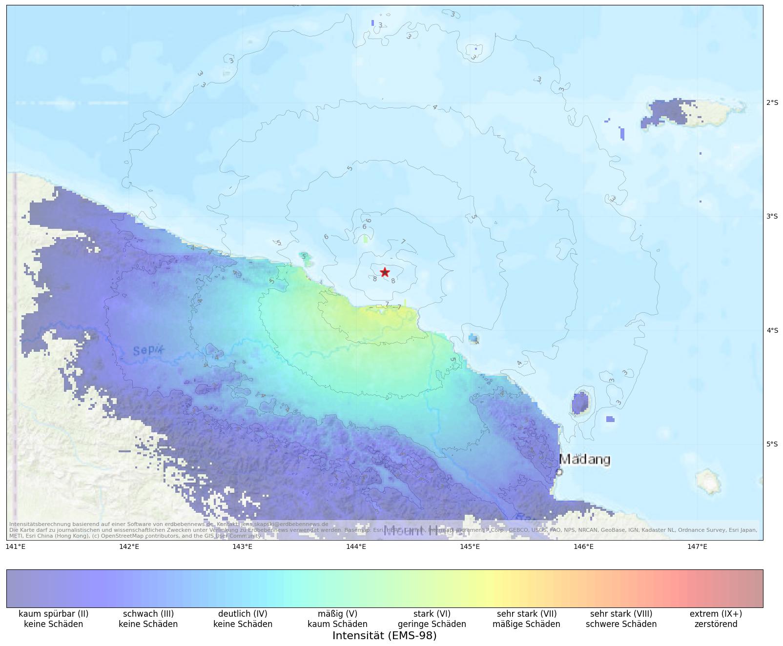 Berechnete Intensität (ShakeMap) des Erdbebens der Stärke 6.2 am 5. September, 03:03 Uhr in Papua Neuguinea