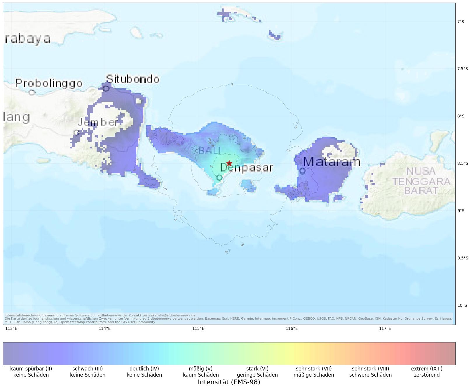 Berechnete Intensität (ShakeMap) des Erdbebens der Stärke 4.9 am 7. September, 03:51 Uhr in Indonesien